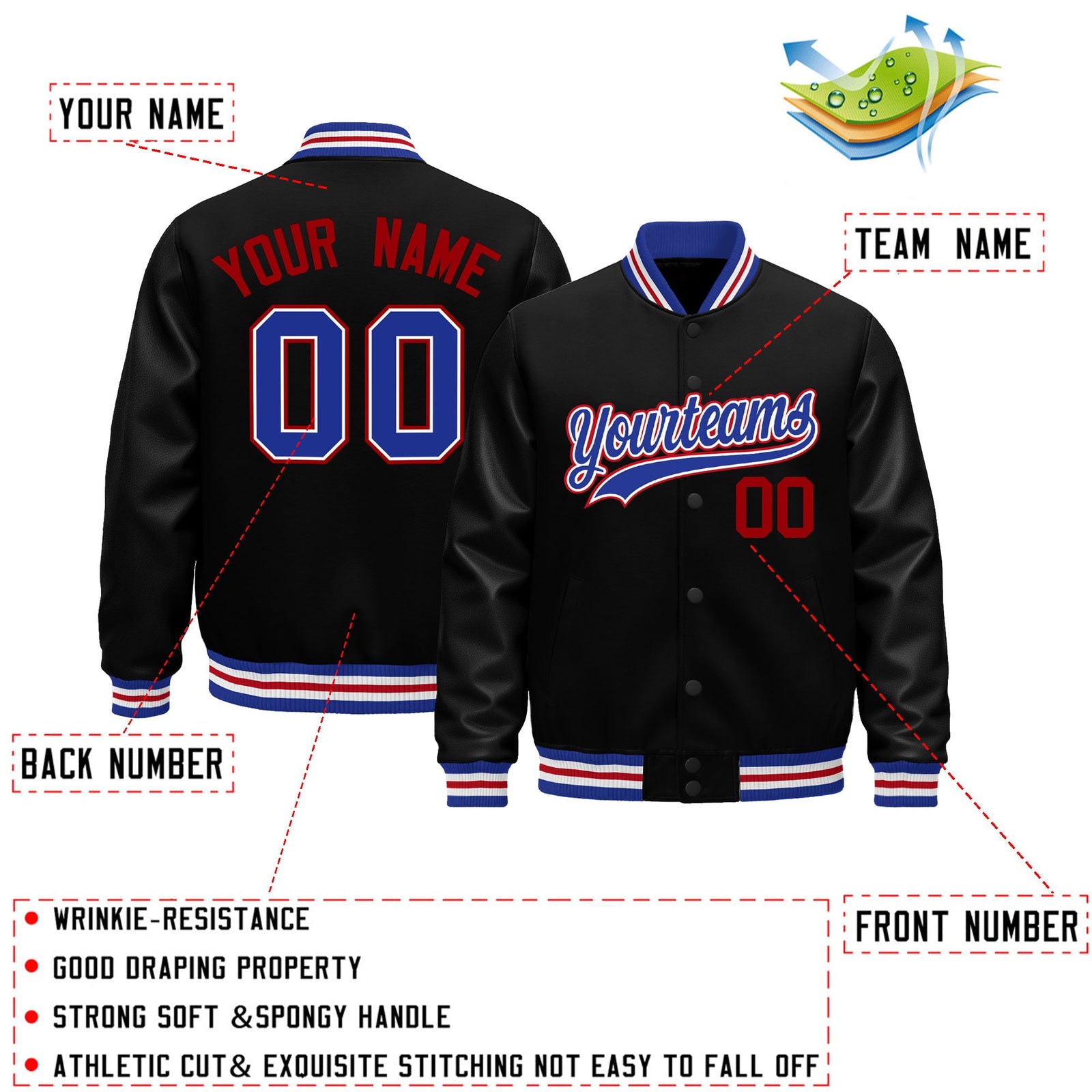 Custom Black Royal Blue White Classic Style Leather Sleeves Wrinkle-Resistant Jacket| KXKSHOP