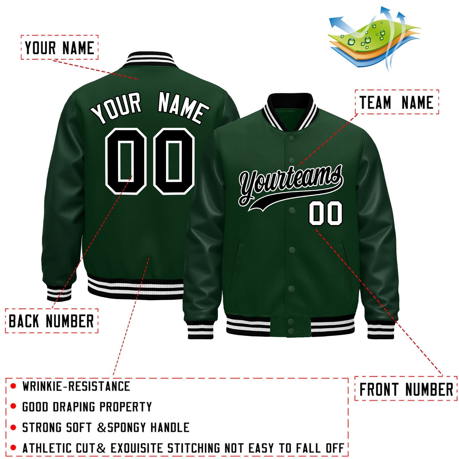 Custom Green Black White Classic Style Leather Sleeves Wrinkle-Resistant Jacket| KXKSHOP