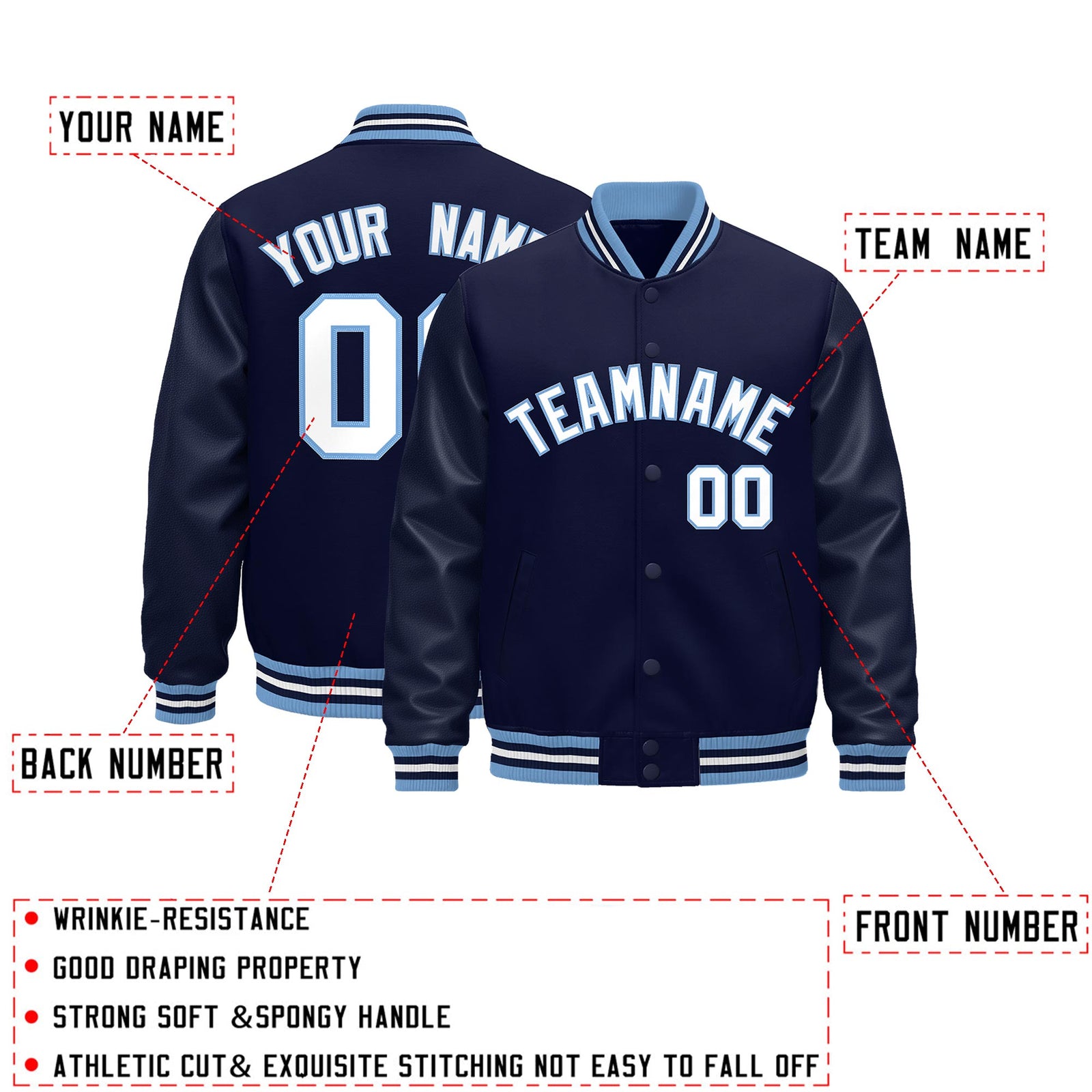 Custom Navy White Light Blue Classic Style Leather Sleeves Wrinkle-Resistant Jacket| KXKSHOP