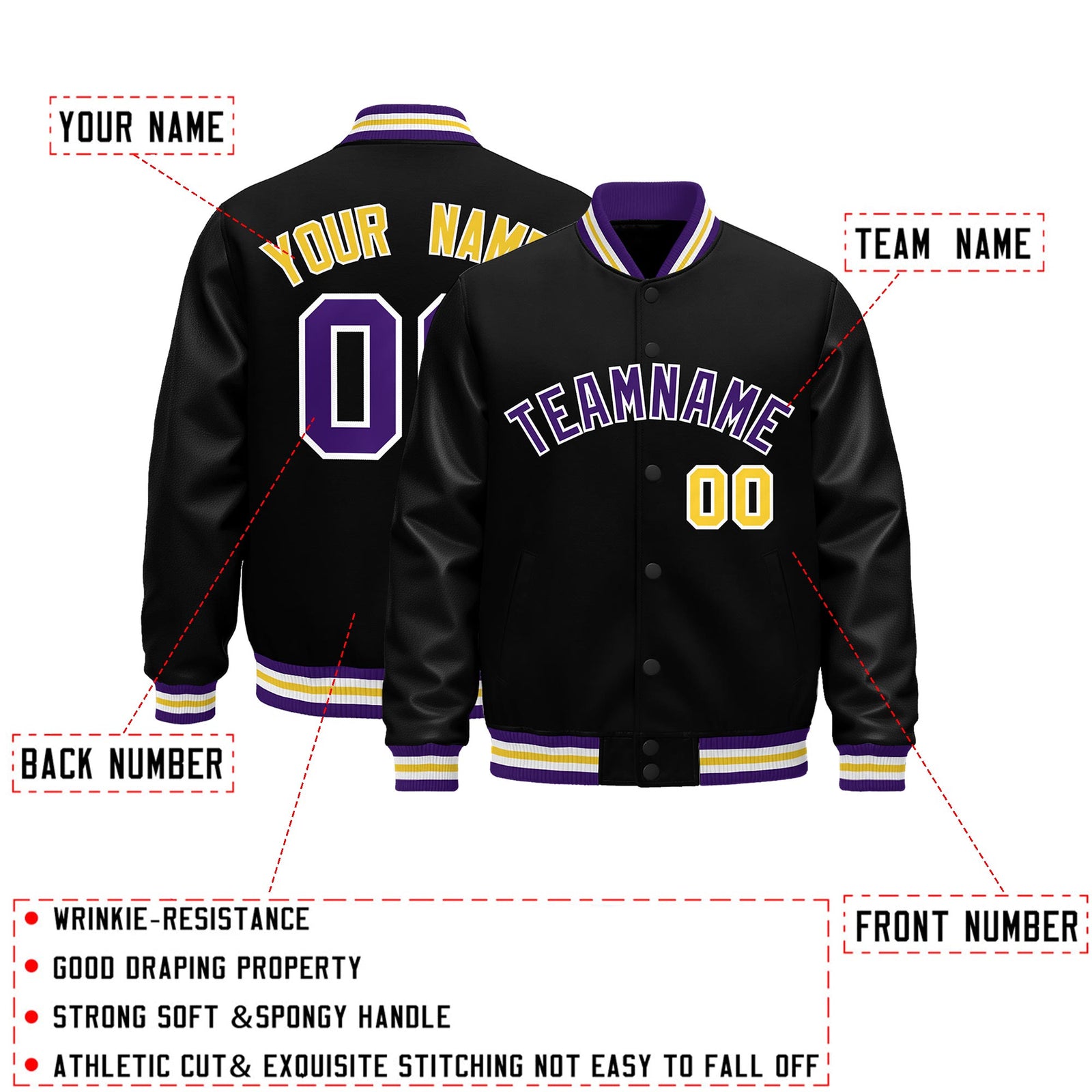 Custom Black Purple White Classic Style Leather Sleeves Wrinkle-Resistant Jacket| KXKSHOP