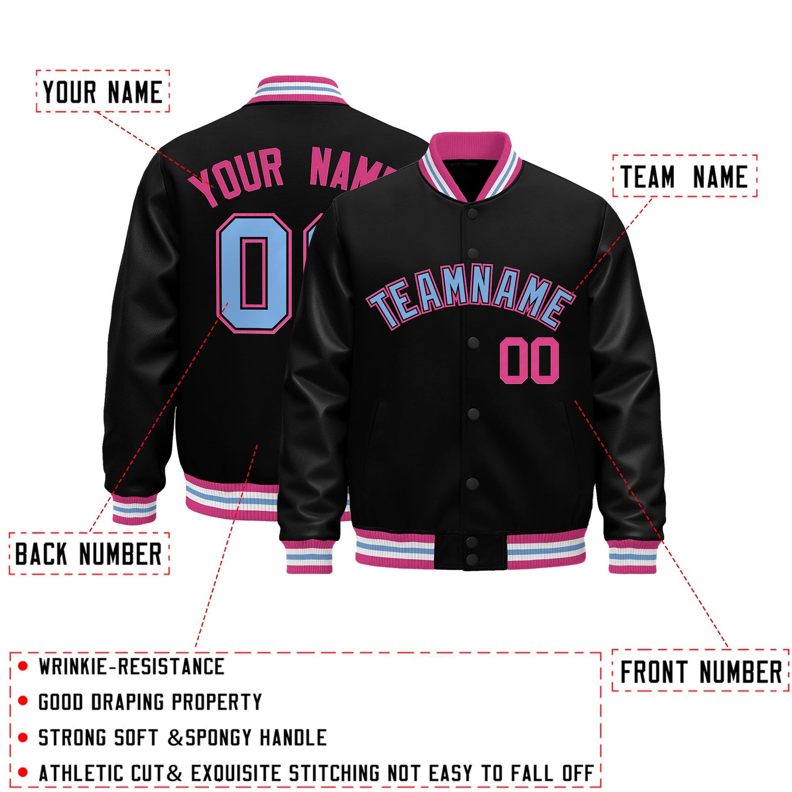 Custom Black Pink White Classic Style Leather Sleeves Wrinkle-Resistant Jacket| KXKSHOP