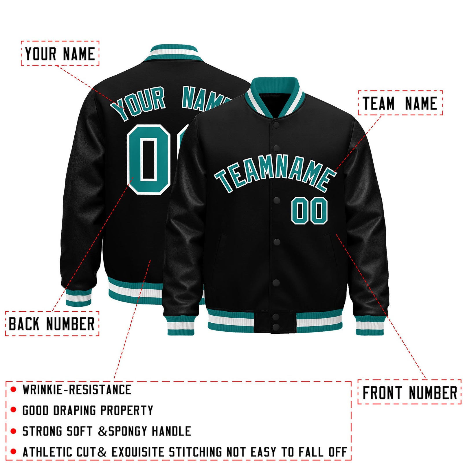 Custom Black Aqua White Classic Style Leather Sleeves Wrinkle-Resistant Jacket| KXKSHOP