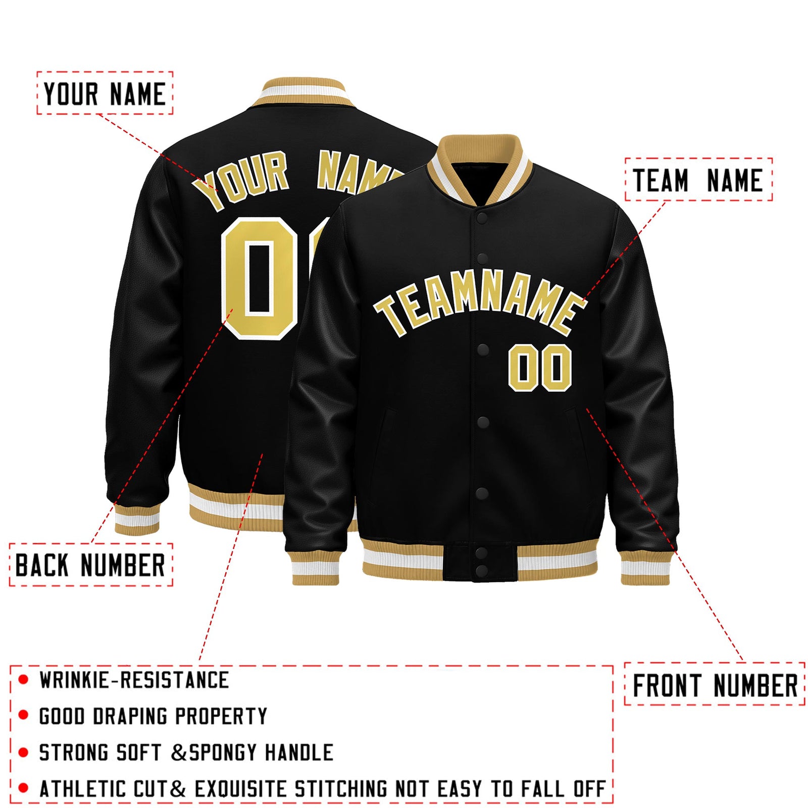 Custom Black Old Gold White Classic Style Leather Sleeves Wrinkle-Resistant Jacket| KXKSHOP