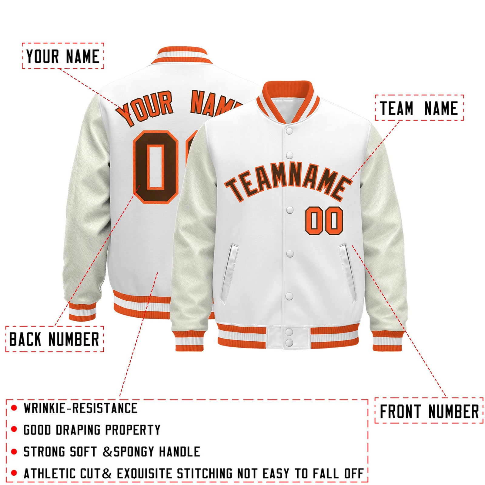 Custom White Orange Classic Style Leather Sleeves Wrinkle-Resistant Jacket| KXKSHOP