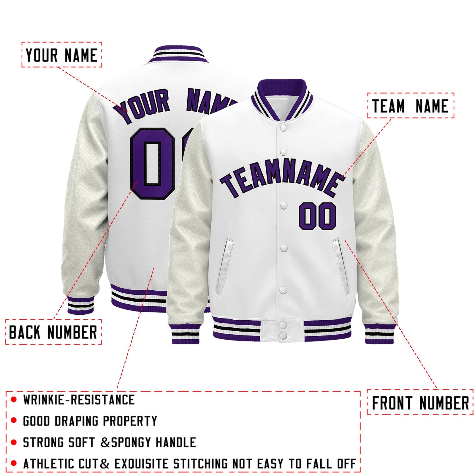 Custom White Purple Black Classic Style Leather Sleeves Wrinkle-Resistant Jacket| KXKSHOP