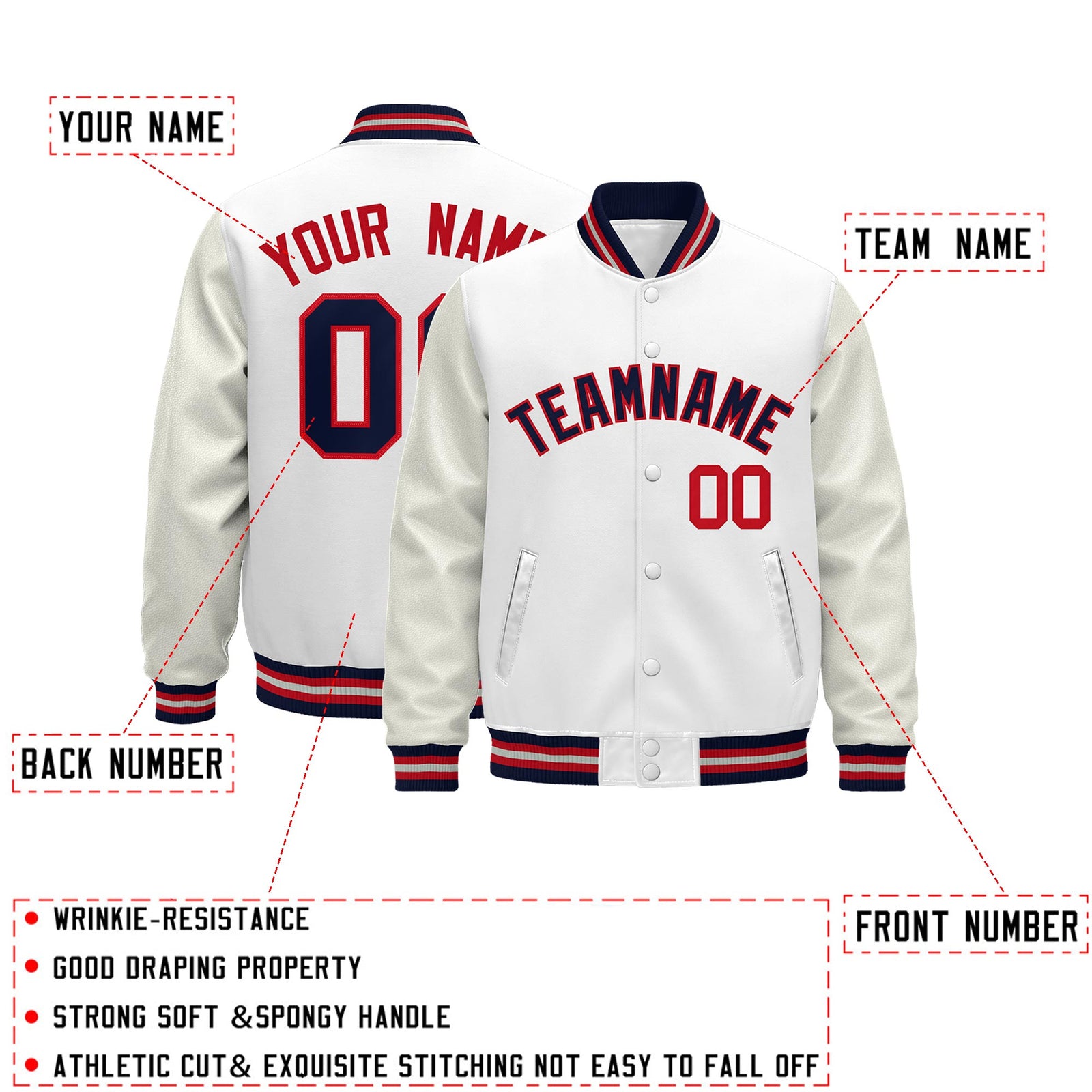 Custom White Navy Red Classic Style Leather Sleeves Wrinkle-Resistant Jacket| KXKSHOP