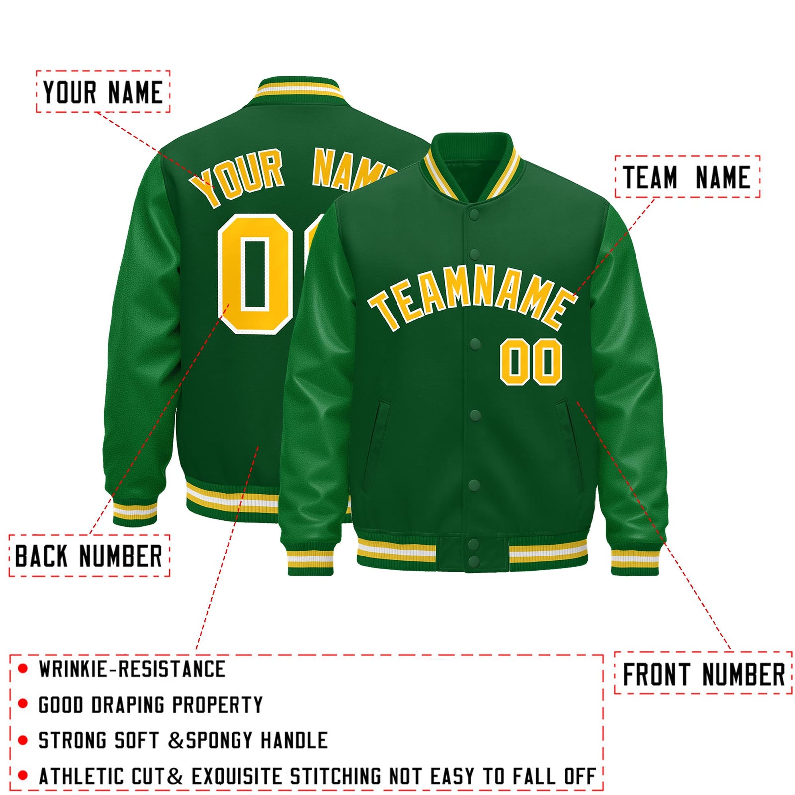 Custom Kelly Green Gold White Classic Style Leather Sleeves Wrinkle-Resistant Jacket| KXKSHOP