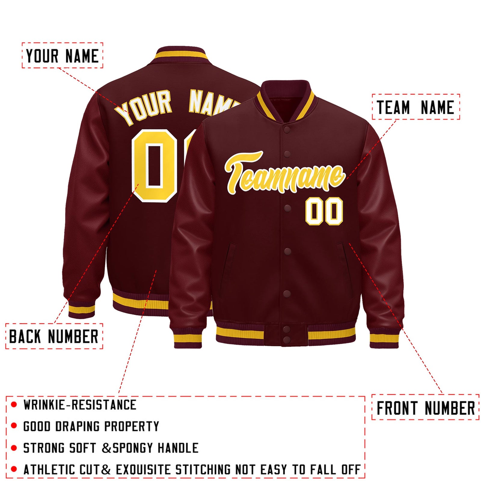Custom Burgundy White Classic Style Leather Sleeves Wrinkle-Resistant Jacket| KXKSHOP