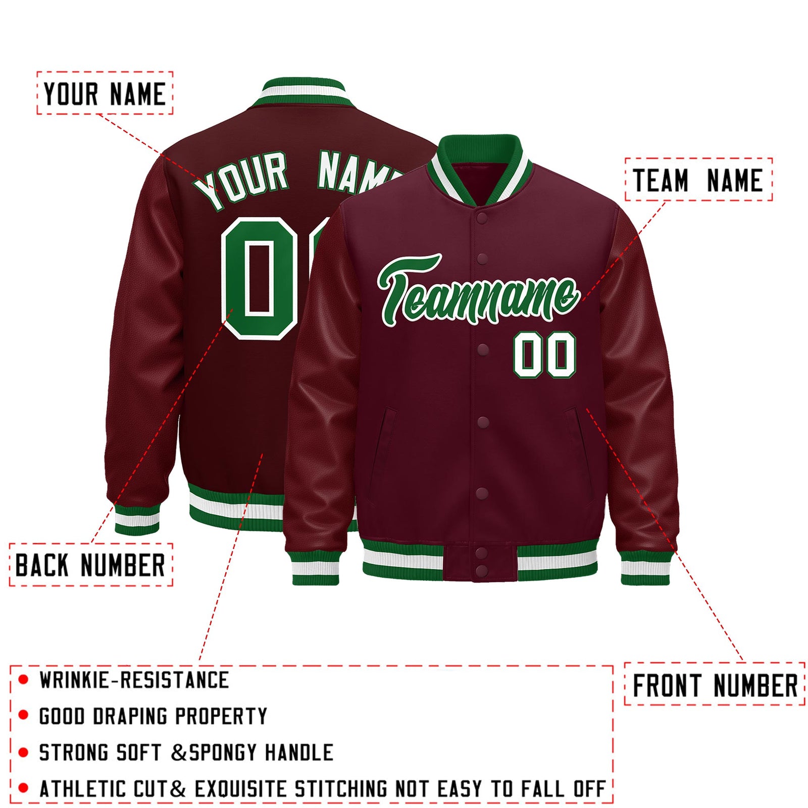 Custom Burgundy White Classic Style Leather Sleeves Wrinkle-Resistant Jacket| KXKSHOP