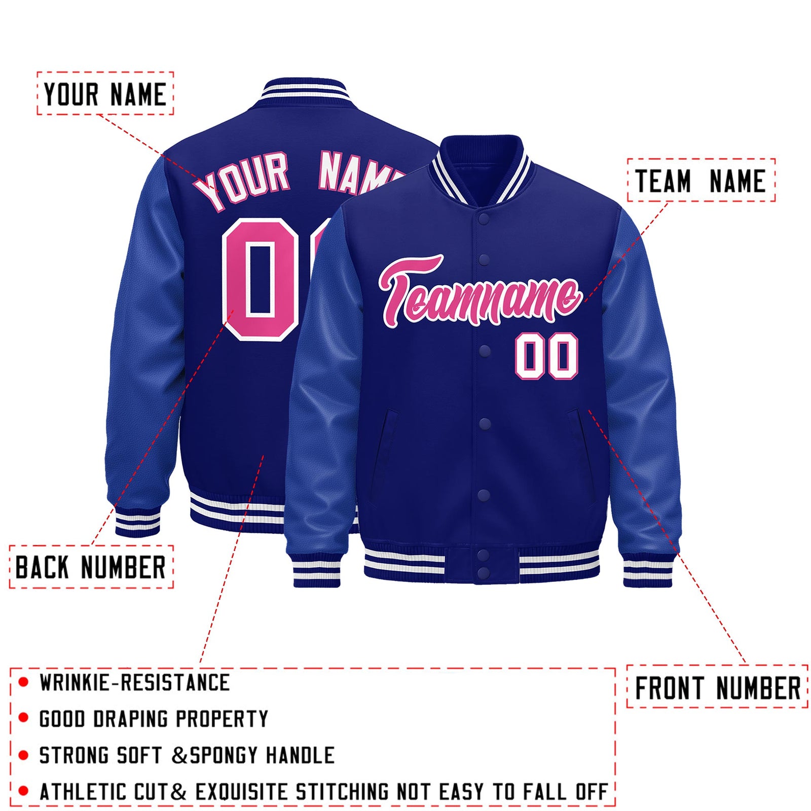 Custom Royal Blue White Classic Style Leather Sleeves Wrinkle-Resistant Jacket| KXKSHOP
