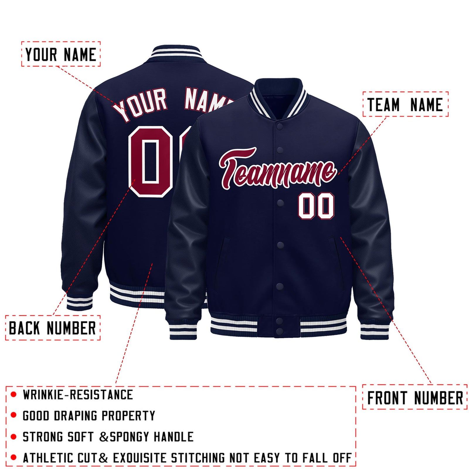 Custom Navy White Classic Style Leather Sleeves Wrinkle-Resistant Jacket| KXKSHOP