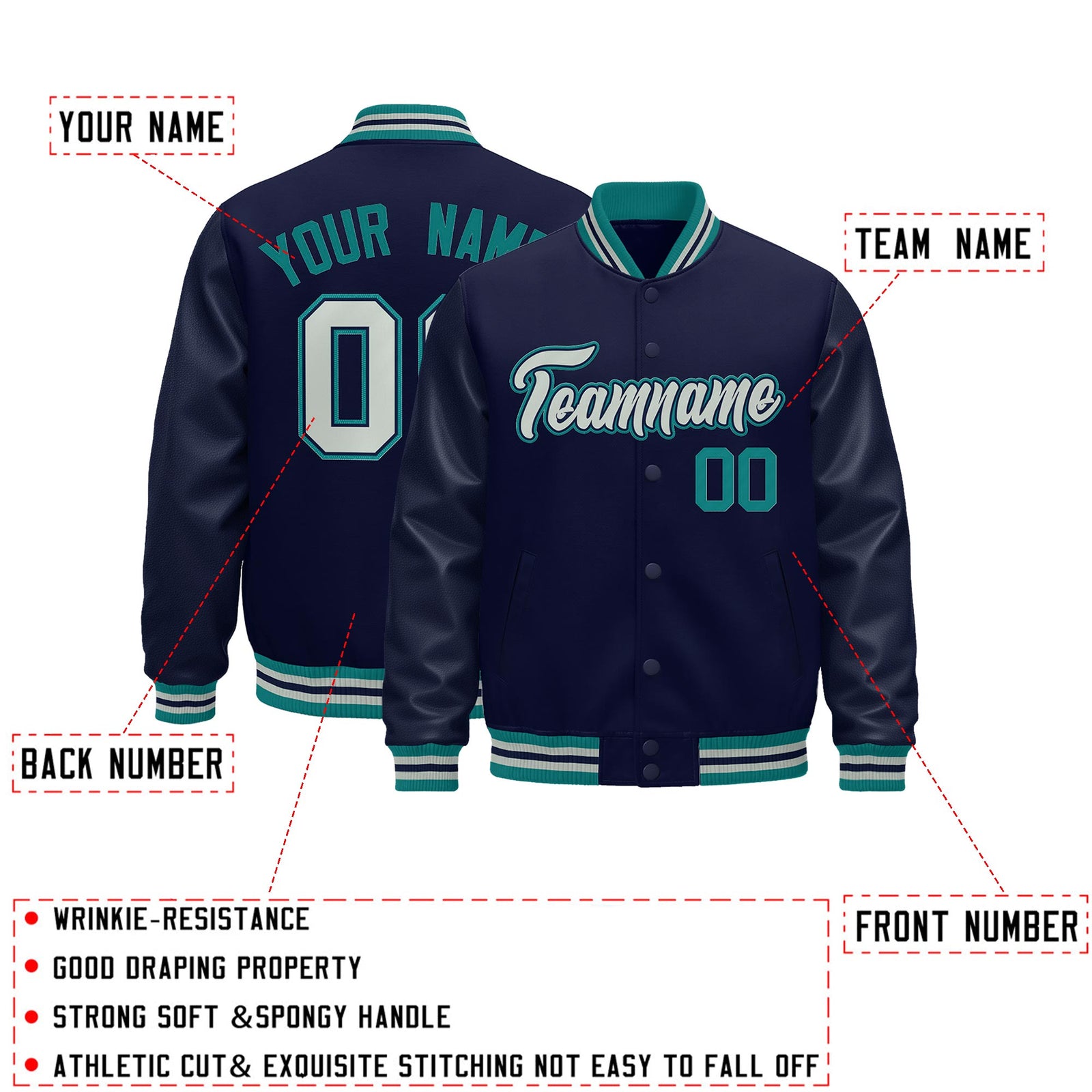 Custom Navy Teal Gray Classic Style Leather Sleeves Wrinkle-Resistant Jacket| KXKSHOP