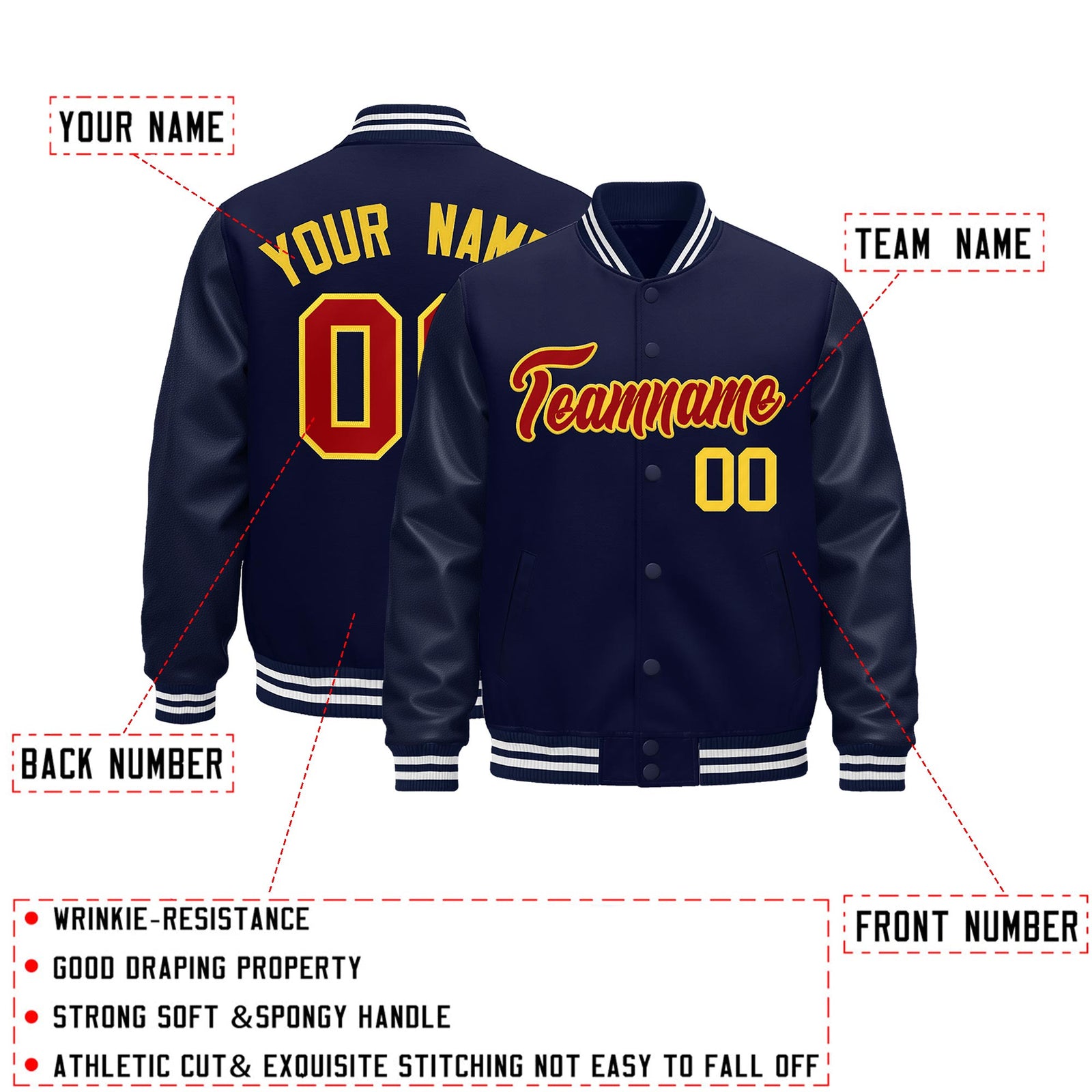 Custom Navy White Classic Style Leather Sleeves Wrinkle-Resistant Jacket| KXKSHOP