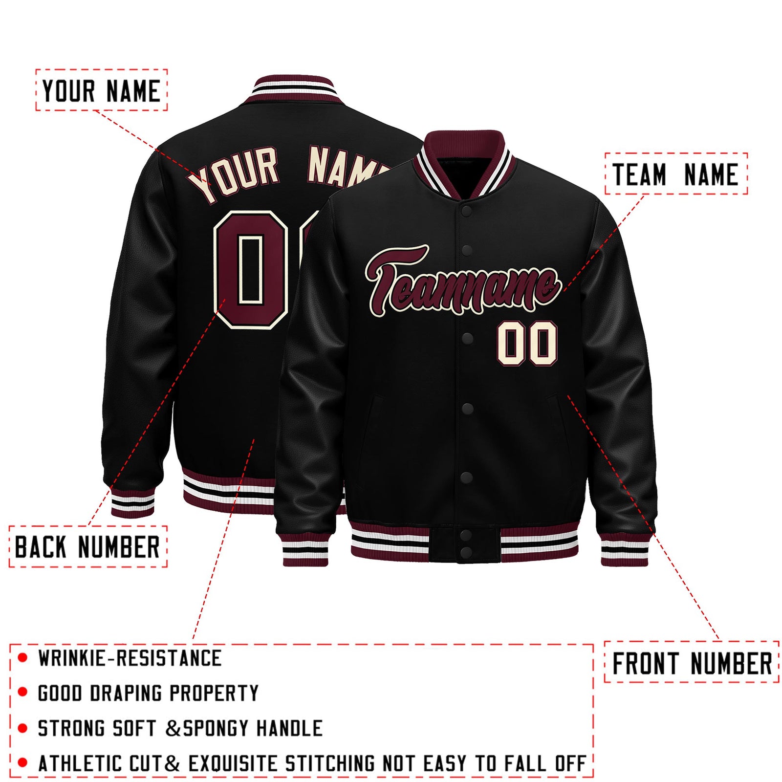 Custom Black Crimson White Classic Style Leather Sleeves Wrinkle-Resistant Jacket| KXKSHOP