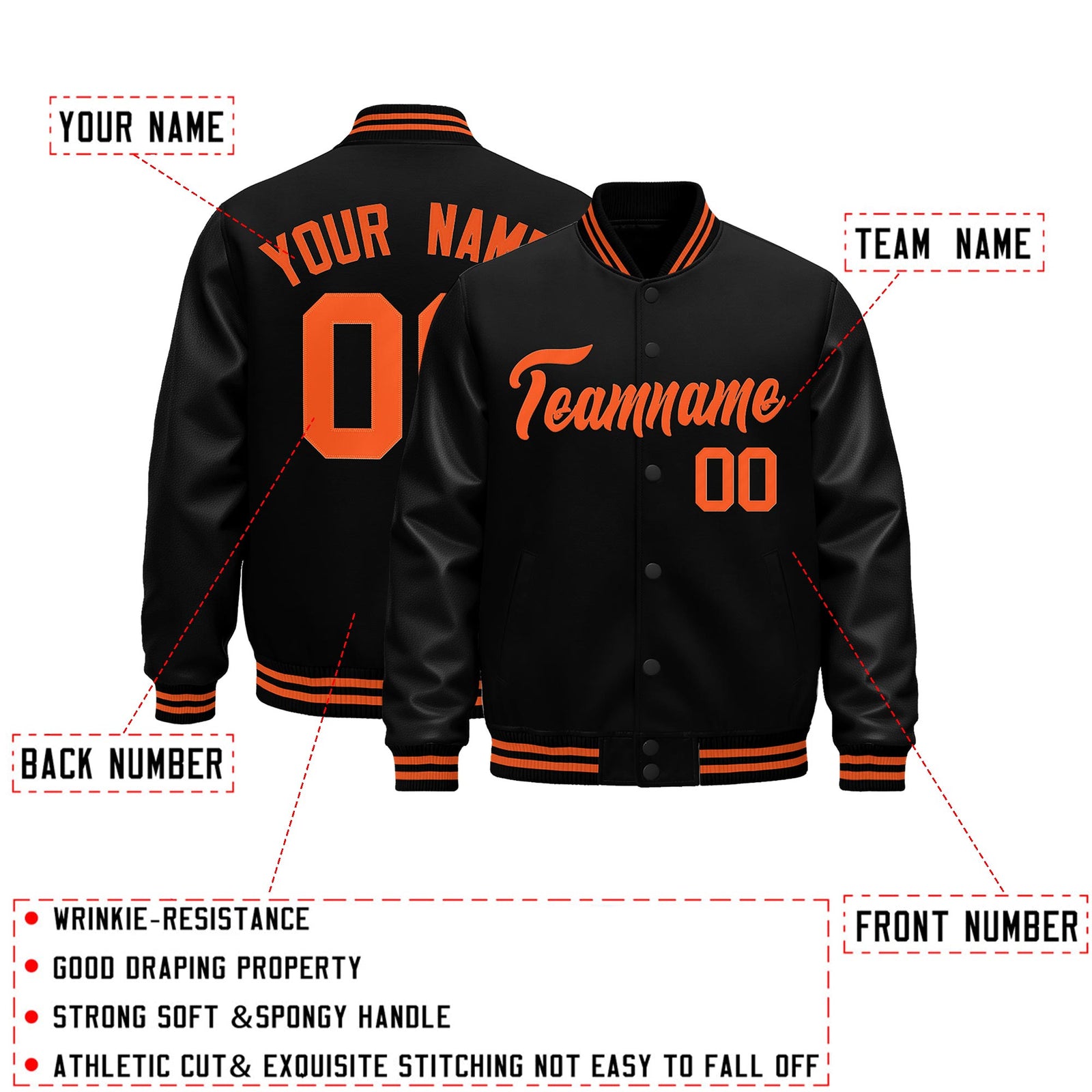 Custom Black Orange Classic Style Leather Sleeves Wrinkle-Resistant Jacket| KXKSHOP