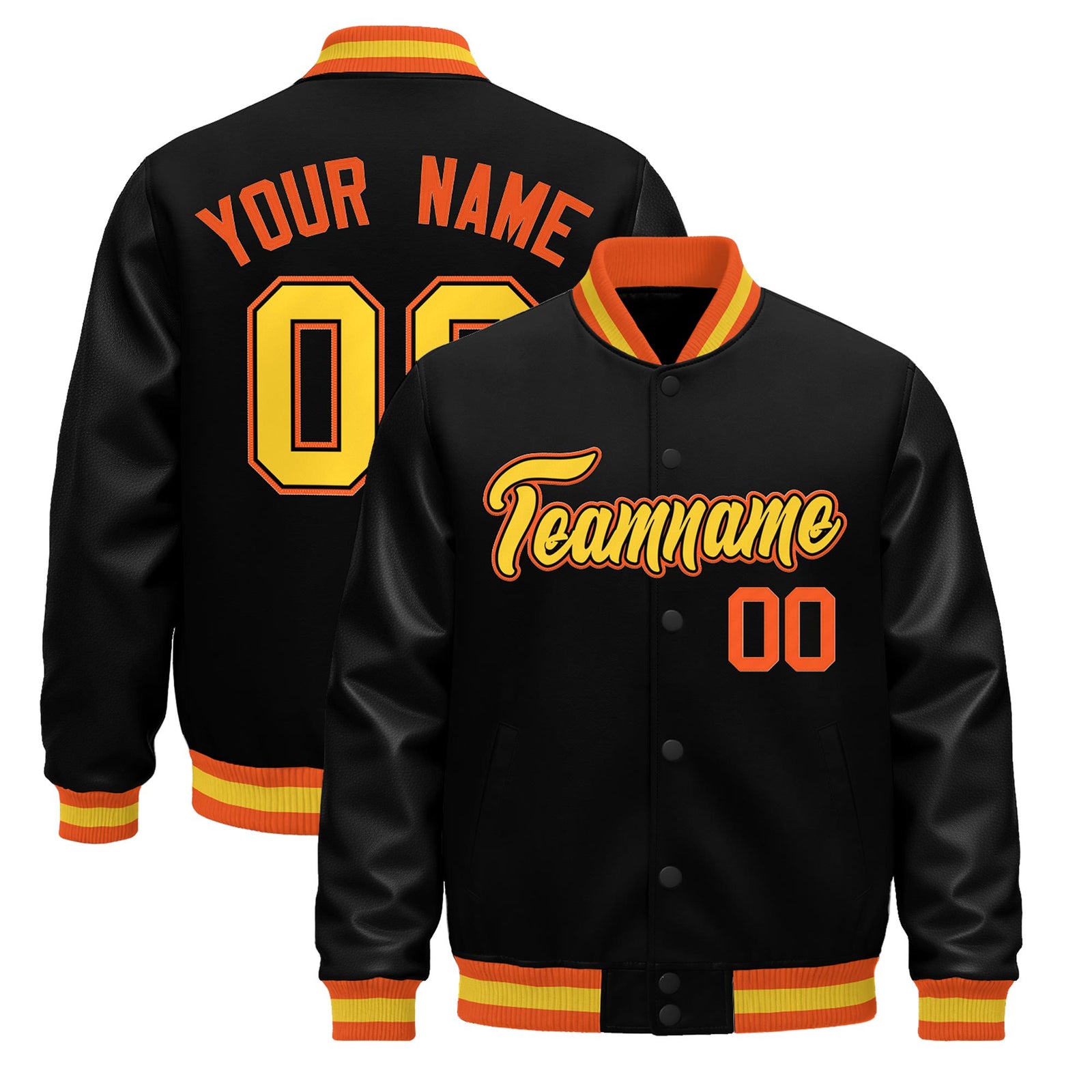 Custom Black Orange Gold Jacket - Classic Style Leather Sleeves Wrinkle-Resistant