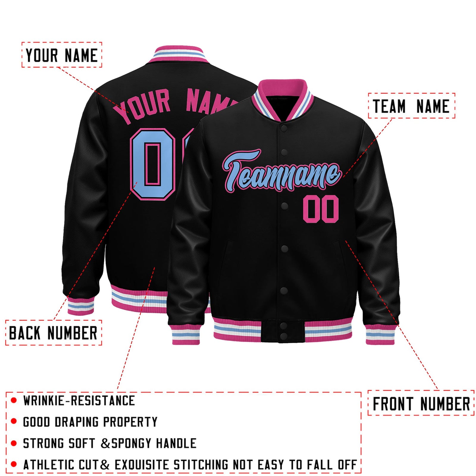 Custom Black Pink White Classic Style Leather Sleeves Wrinkle-Resistant Jacket| KXKSHOP
