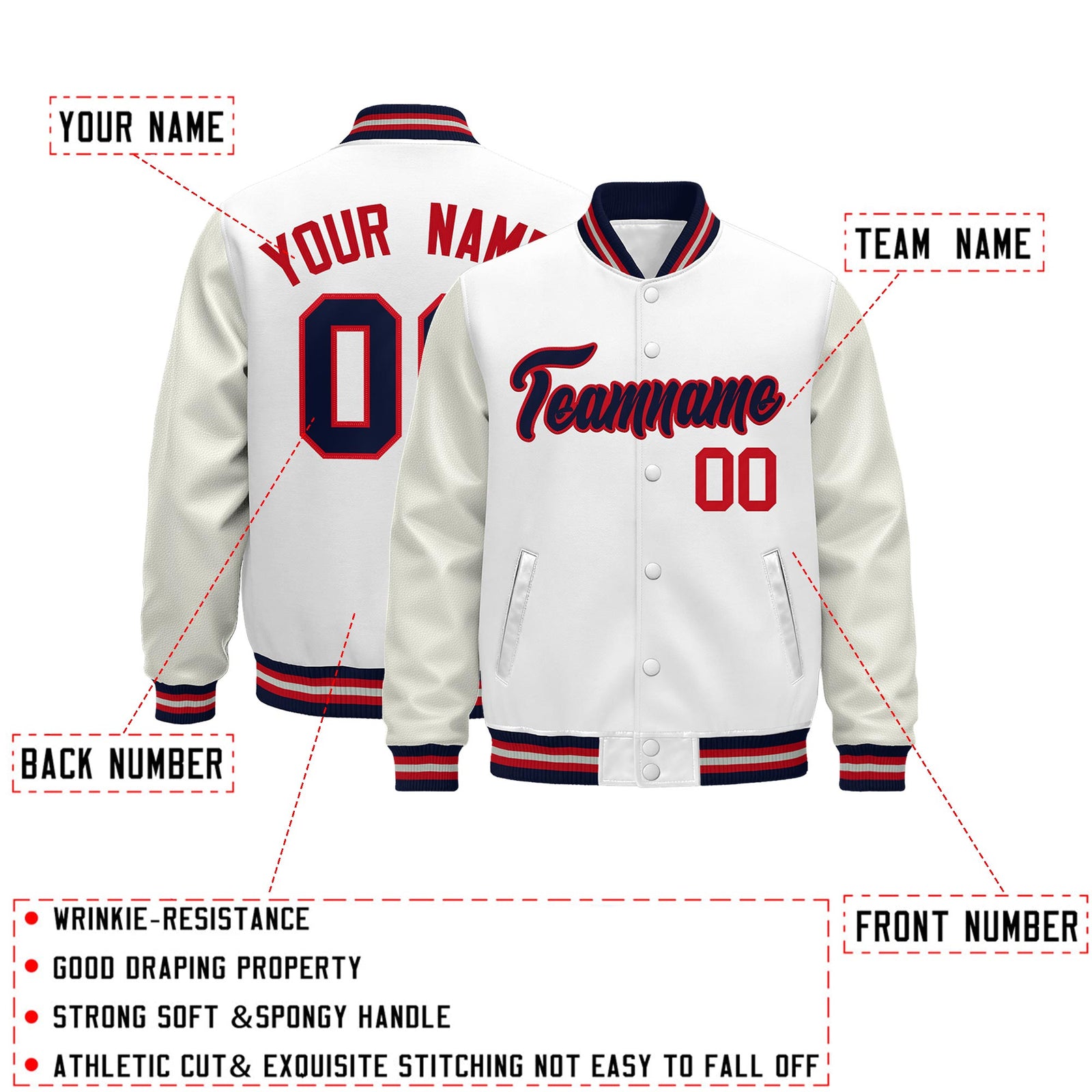 Custom White Navy Red Classic Style Leather Sleeves Wrinkle-Resistant Jacket| KXKSHOP
