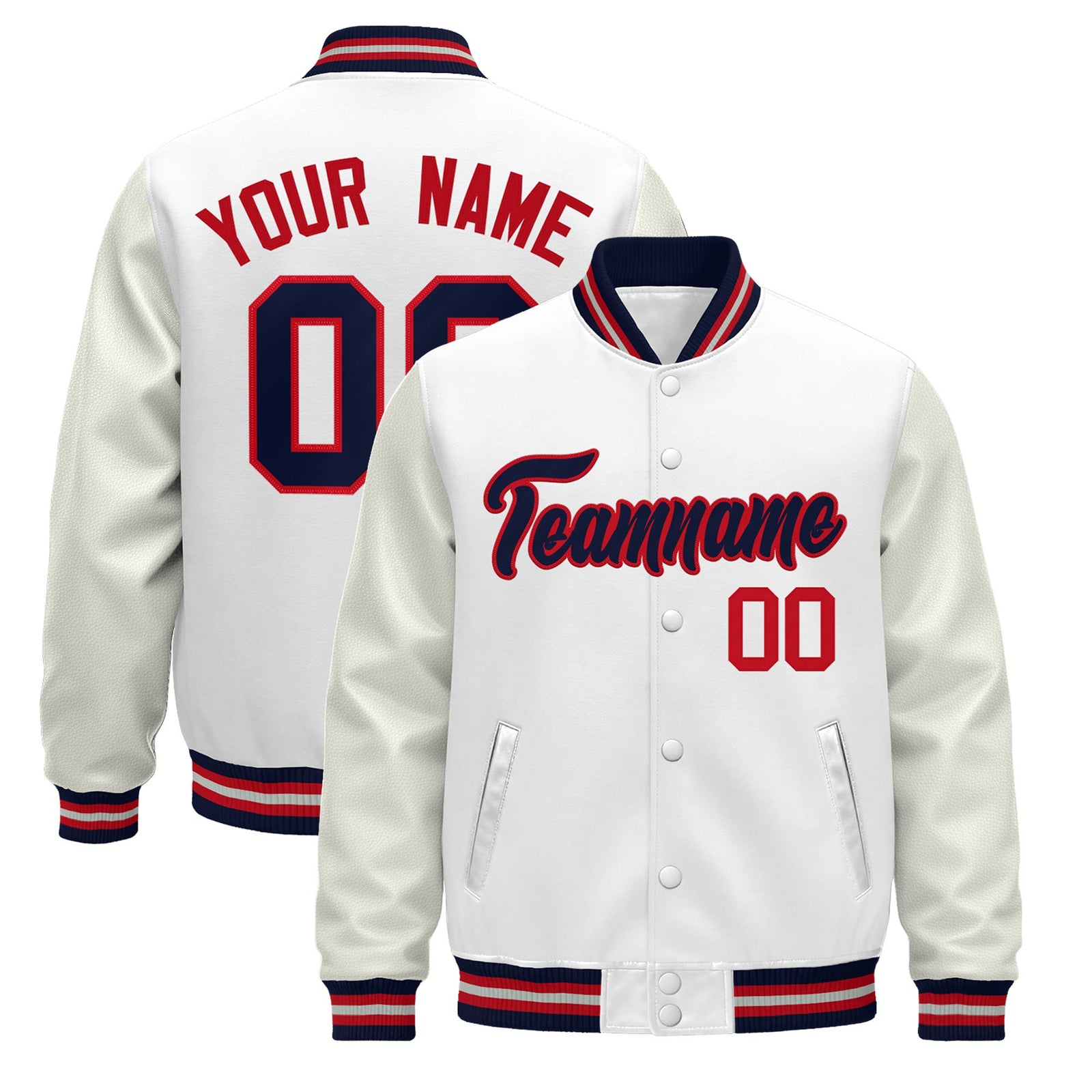 Custom White Navy Red Jacket - Classic Style Leather Sleeves Wrinkle-Resistant