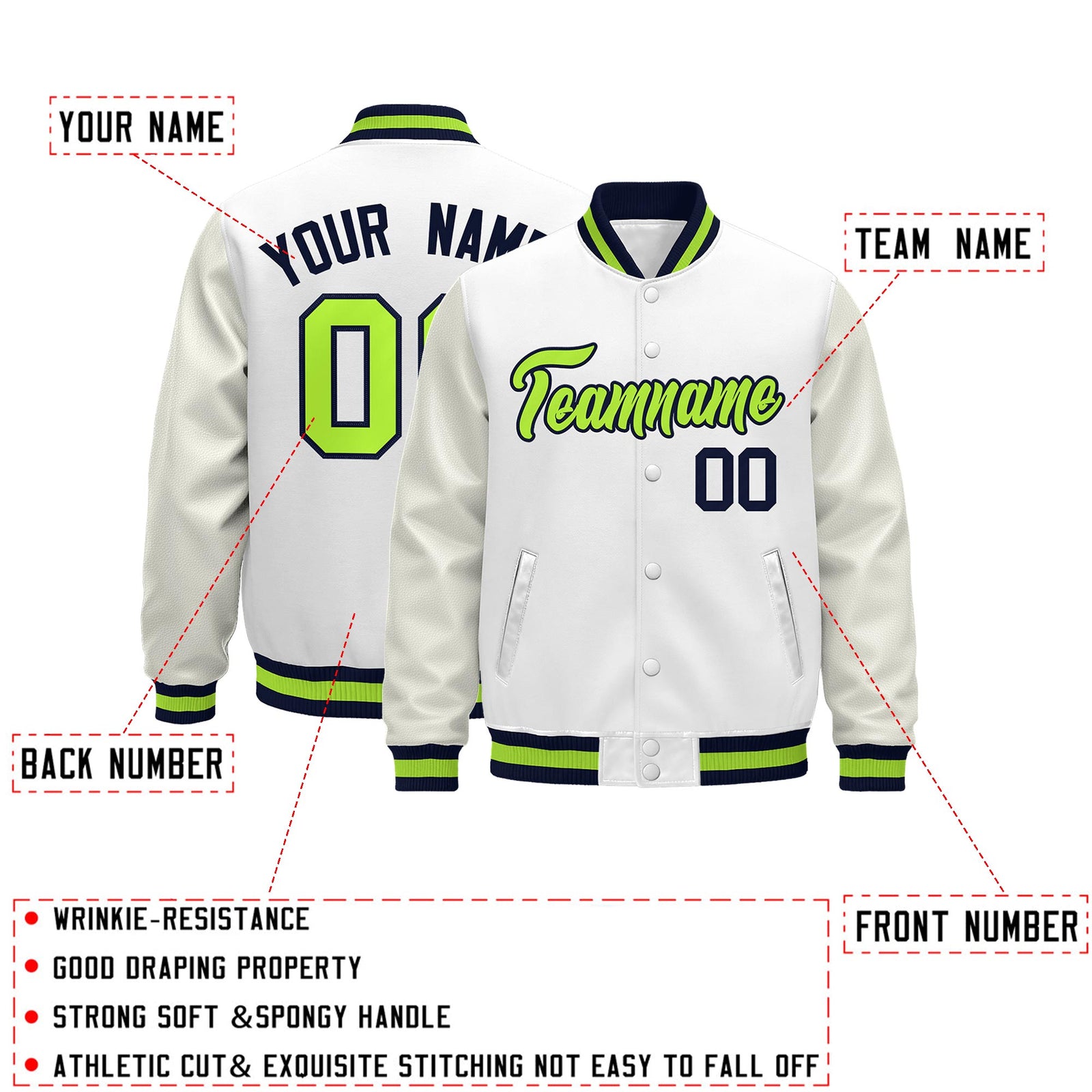 Custom White Navy Neon Green Classic Style Leather Sleeves Wrinkle-Resistant Jacket| KXKSHOP