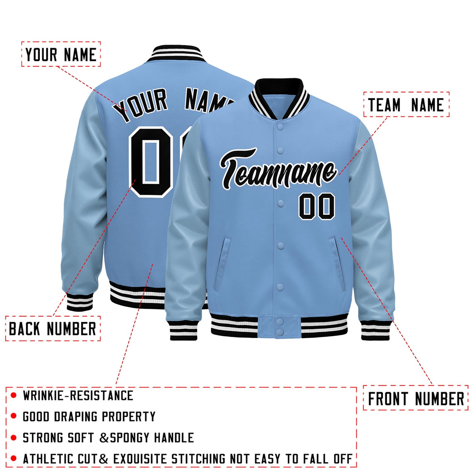 Custom Powder Blue Black White Classic Style Leather Sleeves Wrinkle-Resistant Jacket| KXKSHOP