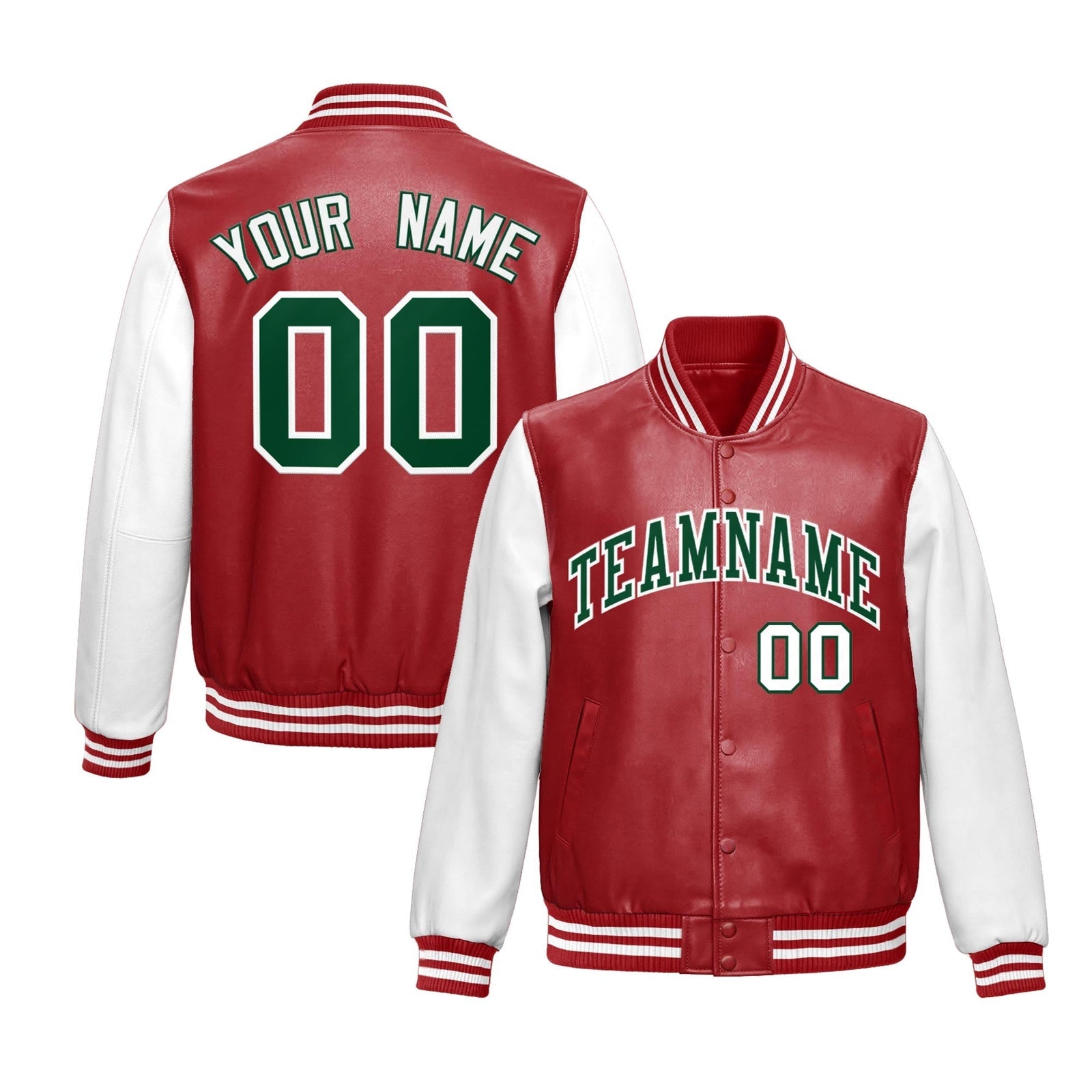 Custom Red White Dark Green Raglan Sleeves Full-Snap Varsity Faux Leather Letterman Jacket| KXKSHOP