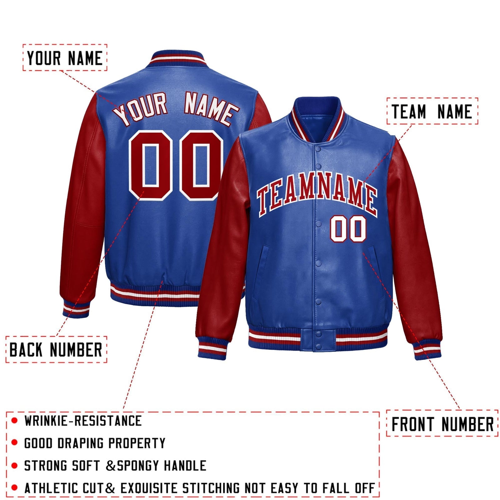 Custom Royal Blue Red Raglan Sleeves Full-Snap Varsity Faux Leather Letterman Jacket| KXKSHOP