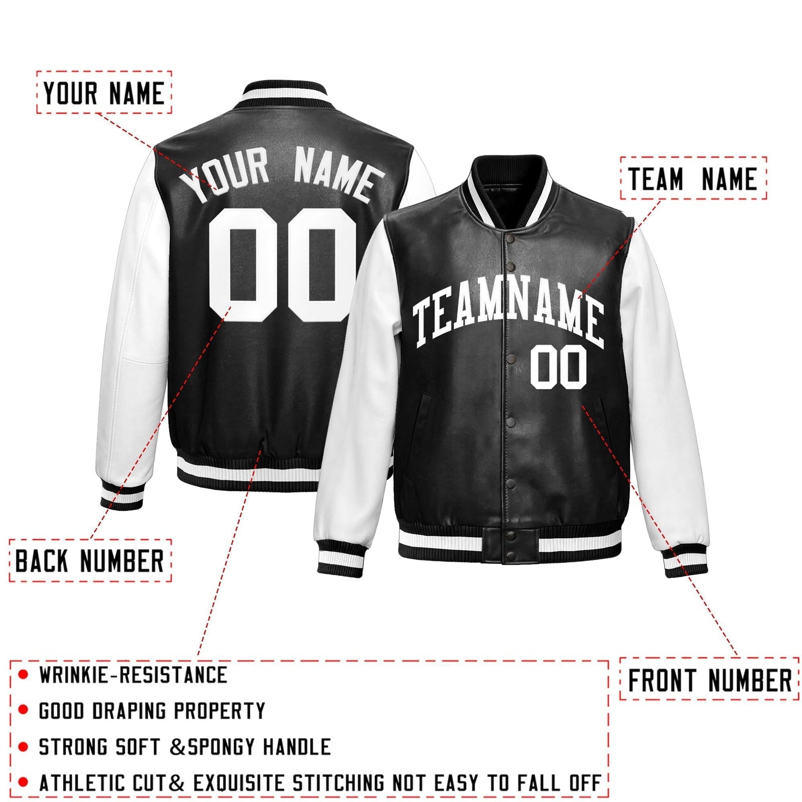 Custom Black White Raglan Sleeves Full-Snap Varsity Faux Leather Letterman Jacket| KXKSHOP