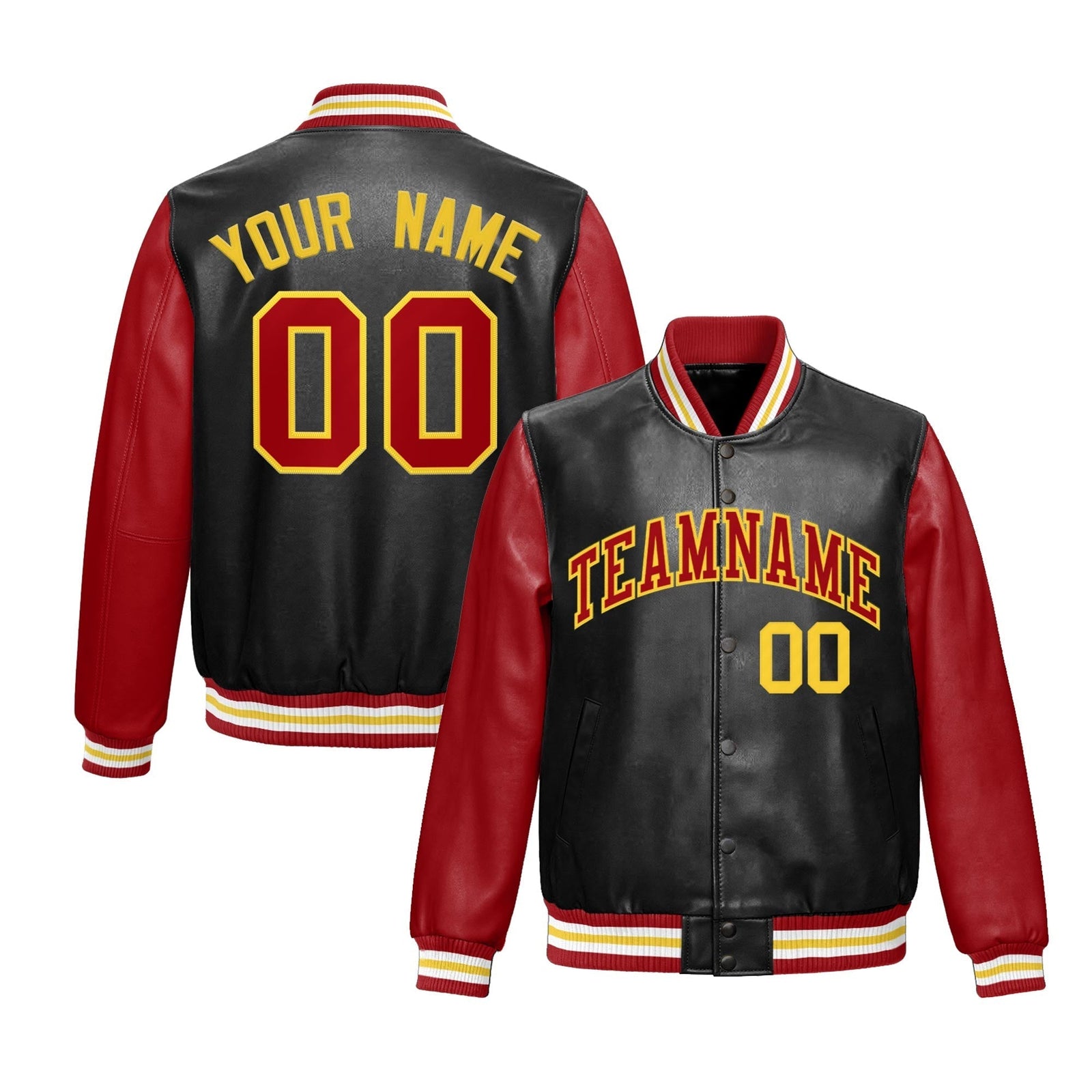 Custom Black Red Gold Raglan Sleeves Full-Snap Varsity Faux Leather Letterman Jacket| KXKSHOP