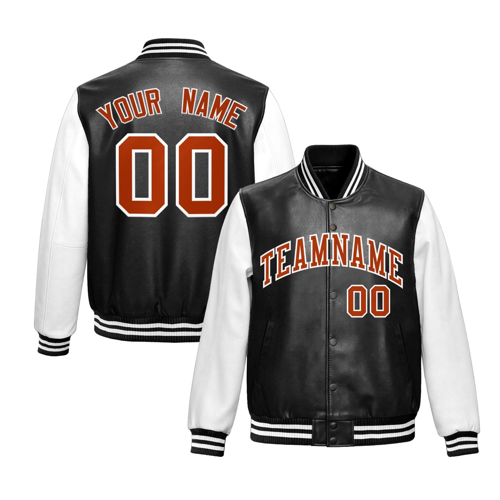 Custom Black White Dark Orange Raglan Sleeves Full-Snap Varsity Faux Leather Letterman Jacket| KXKSHOP