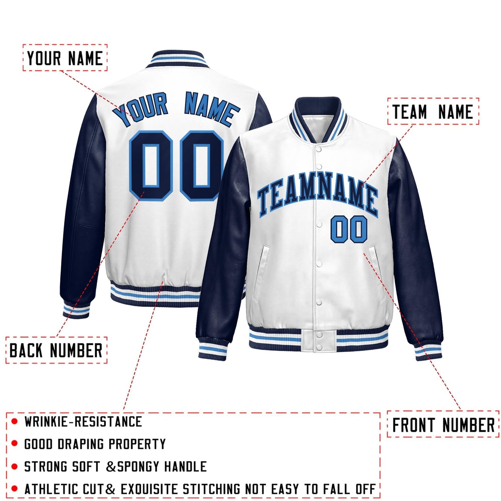 Custom White Navy Light Blue Raglan Sleeves Full-Snap Varsity Faux Leather Letterman Jacket| KXKSHOP