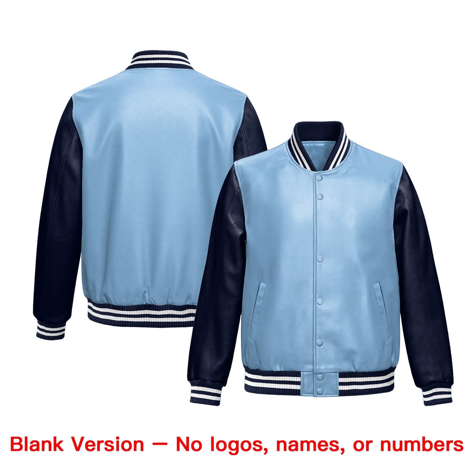 Custom Powder Blue Navy Raglan Sleeves Full-Snap Varsity Faux Leather Letterman Jacket| KXKSHOP