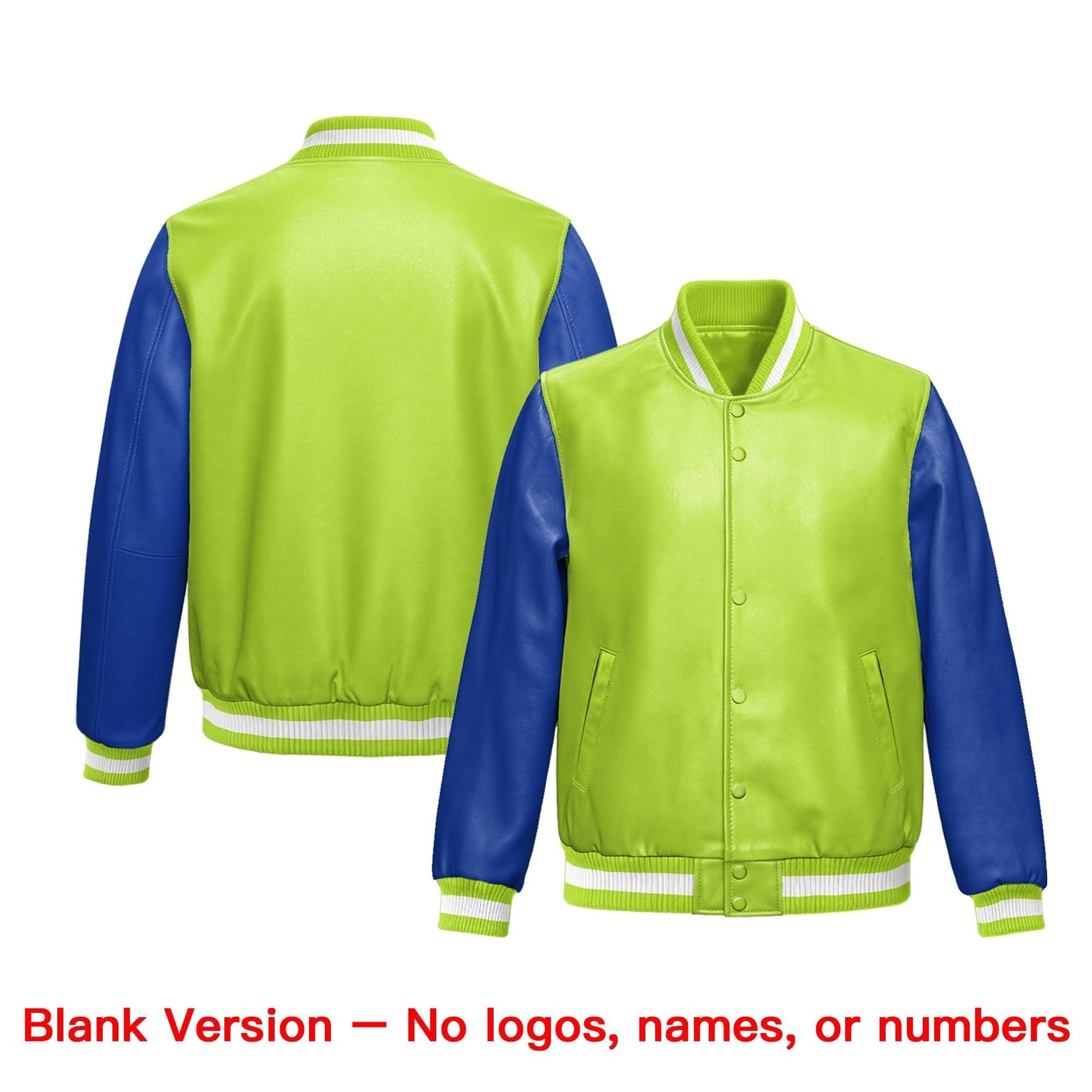 Custom Neon Green Royal Blue Raglan Sleeves Full-Snap Varsity Faux Leather Letterman Jacket| KXKSHOP