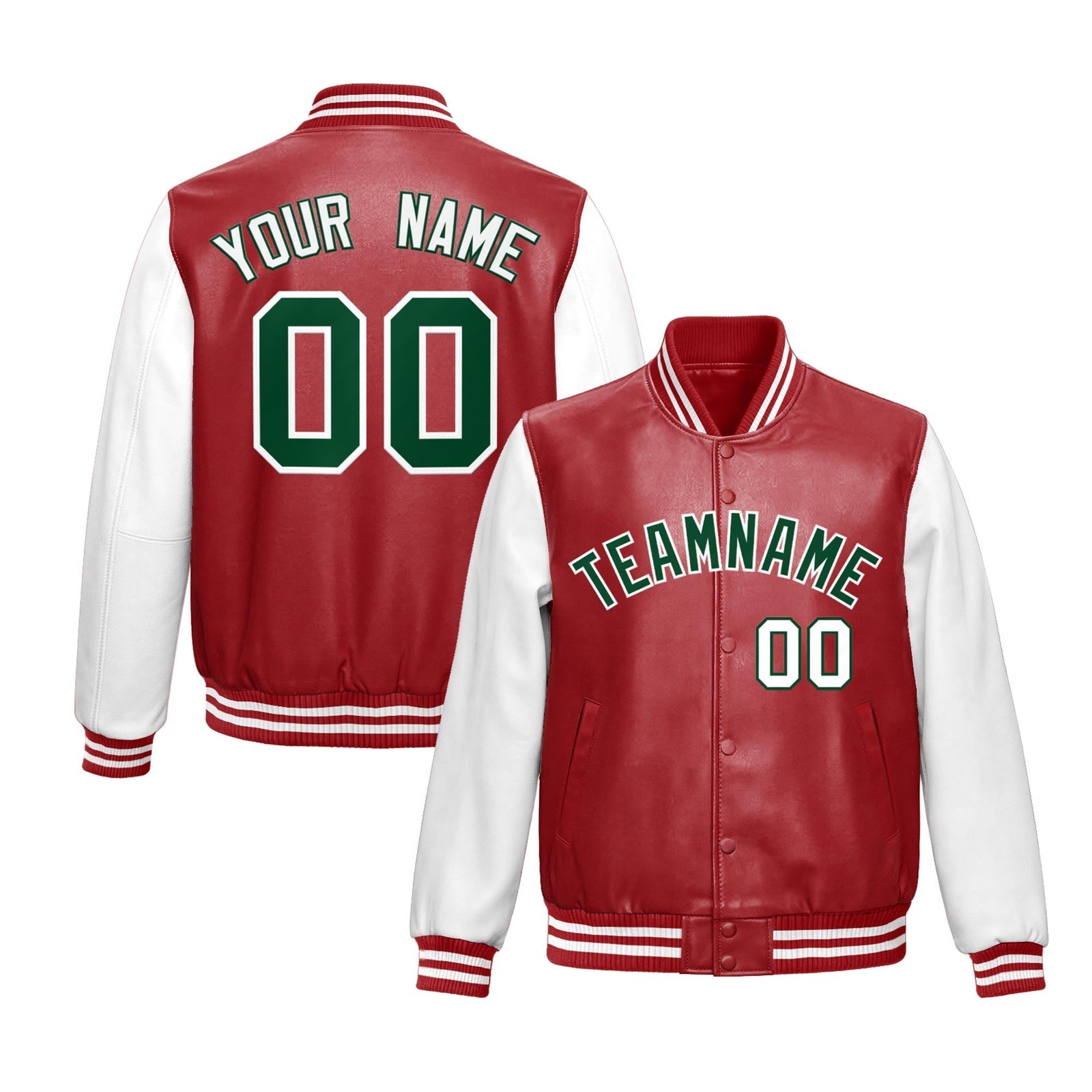 Custom Red White Dark Green Raglan Sleeves Full-Snap Varsity Faux Leather Letterman Jacket| KXKSHOP