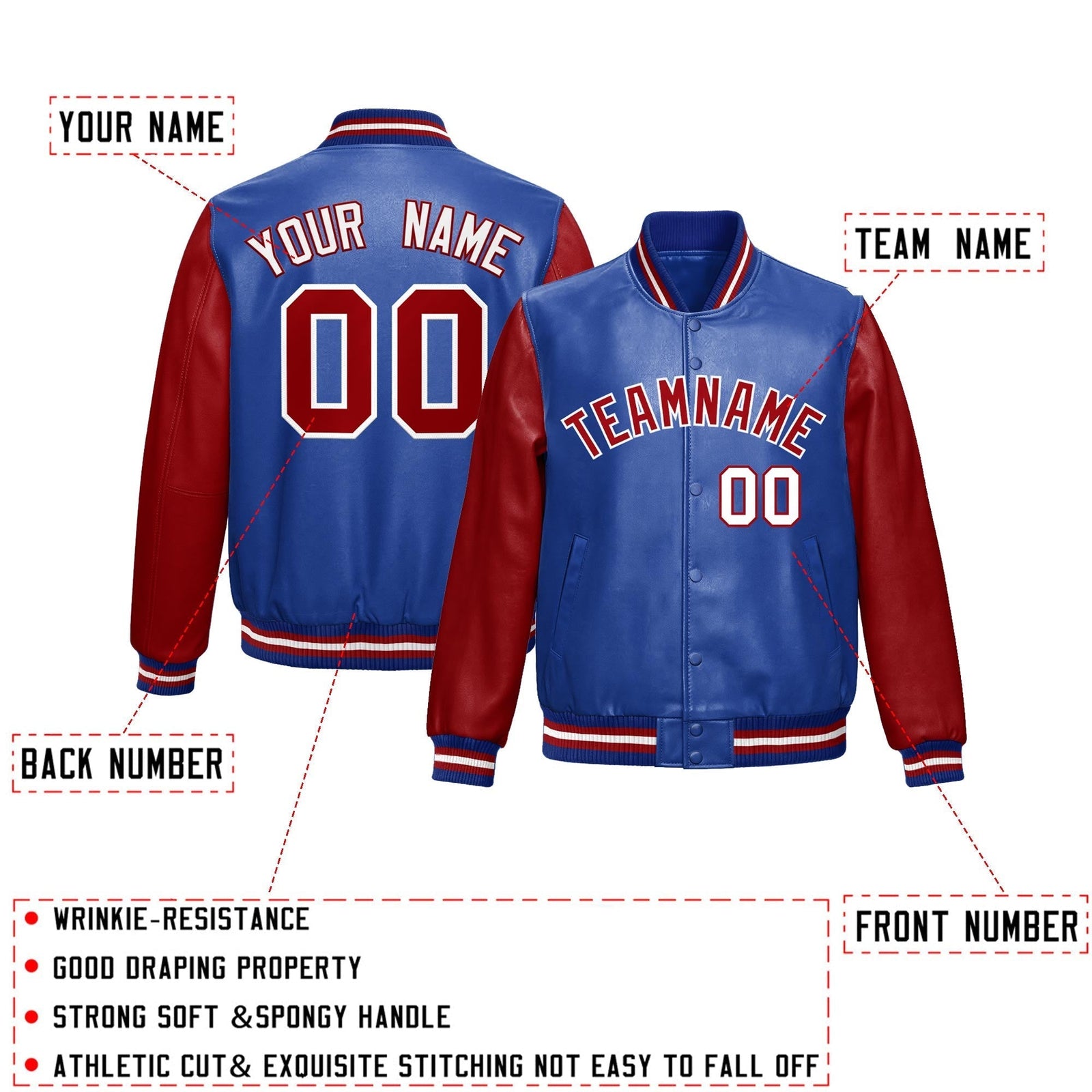 Custom Royal Blue Red Raglan Sleeves Full-Snap Varsity Faux Leather Letterman Jacket| KXKSHOP