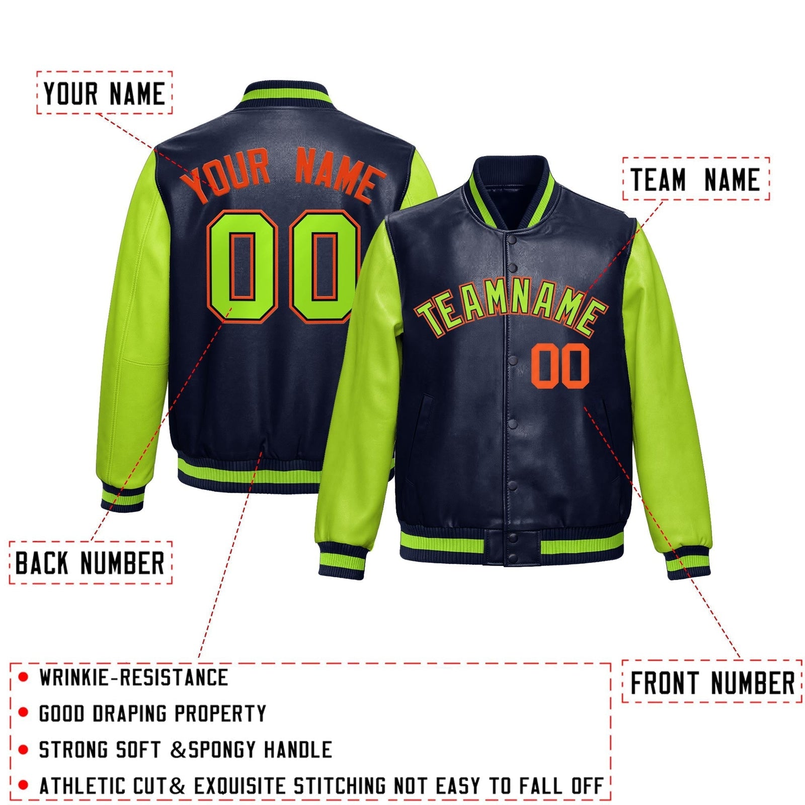 Custom Neon Green Navy Raglan Sleeves Full-Snap Varsity Faux Leather Letterman Jacket| KXKSHOP