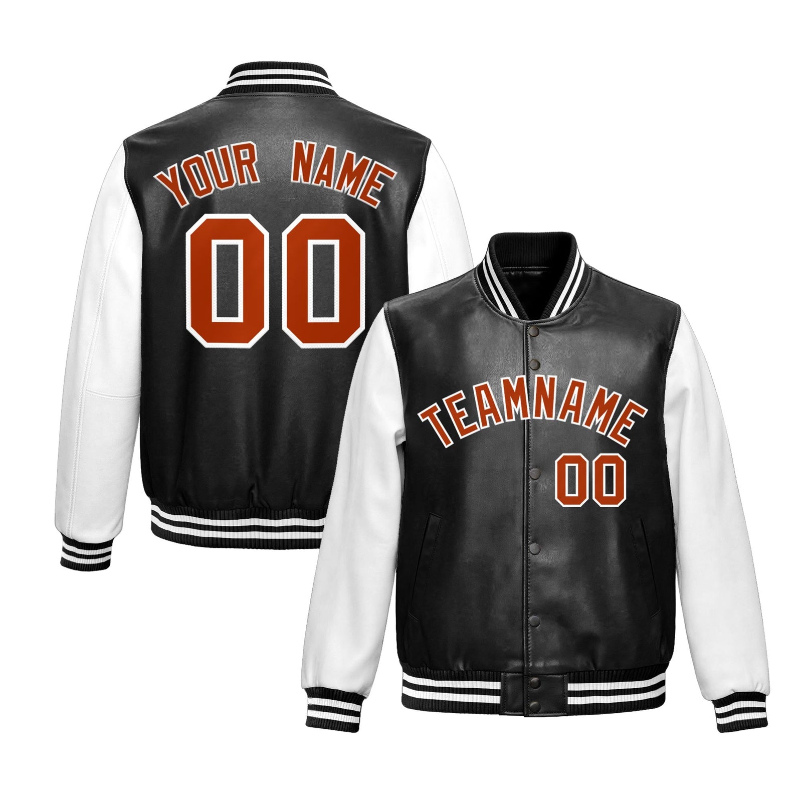 Custom Black White Dark Orange Raglan Sleeves Full-Snap Varsity Faux Leather Letterman Jacket| KXKSHOP
