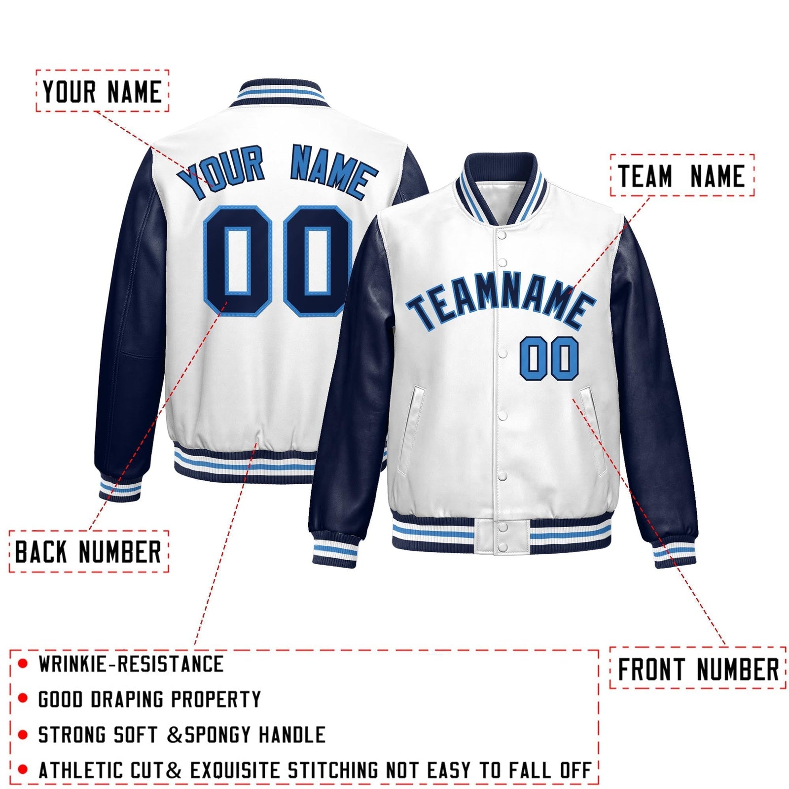 Custom White Navy Light Blue Raglan Sleeves Full-Snap Varsity Faux Leather Letterman Jacket| KXKSHOP