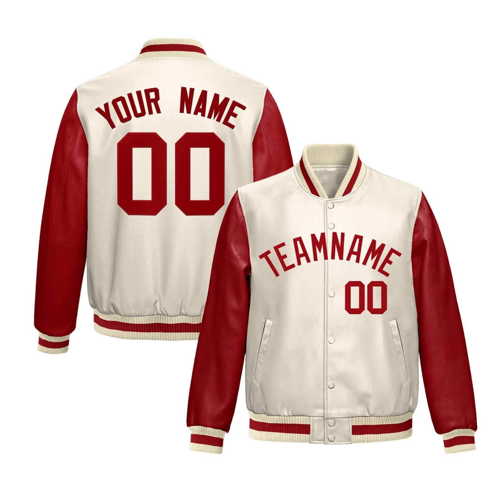 Custom Cream Red Raglan Sleeves Full-Snap Varsity Faux Leather Letterman Jacket| KXKSHOP