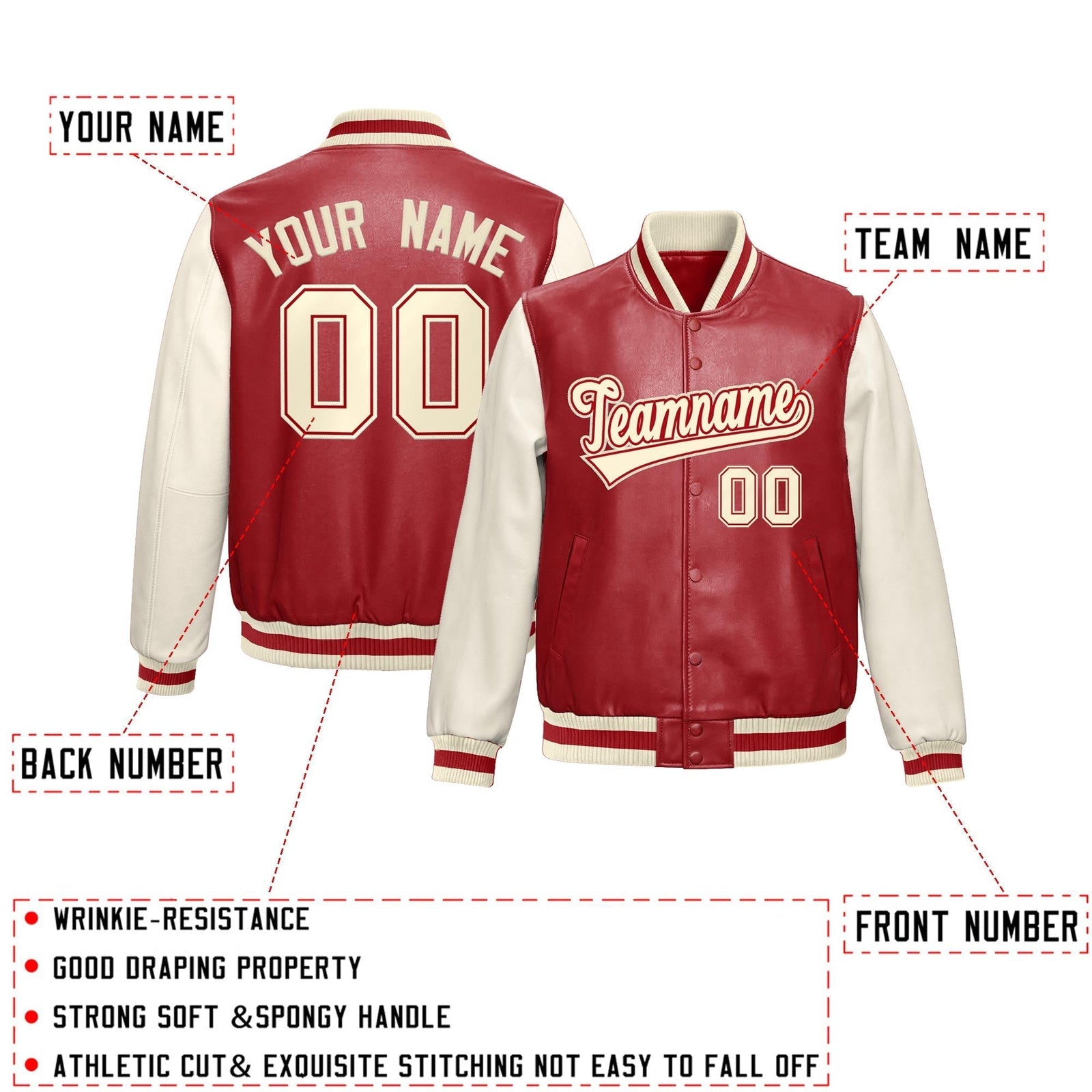 Custom Red Cream Raglan Sleeves Full-Snap Varsity Faux Leather Letterman Jacket| KXKSHOP
