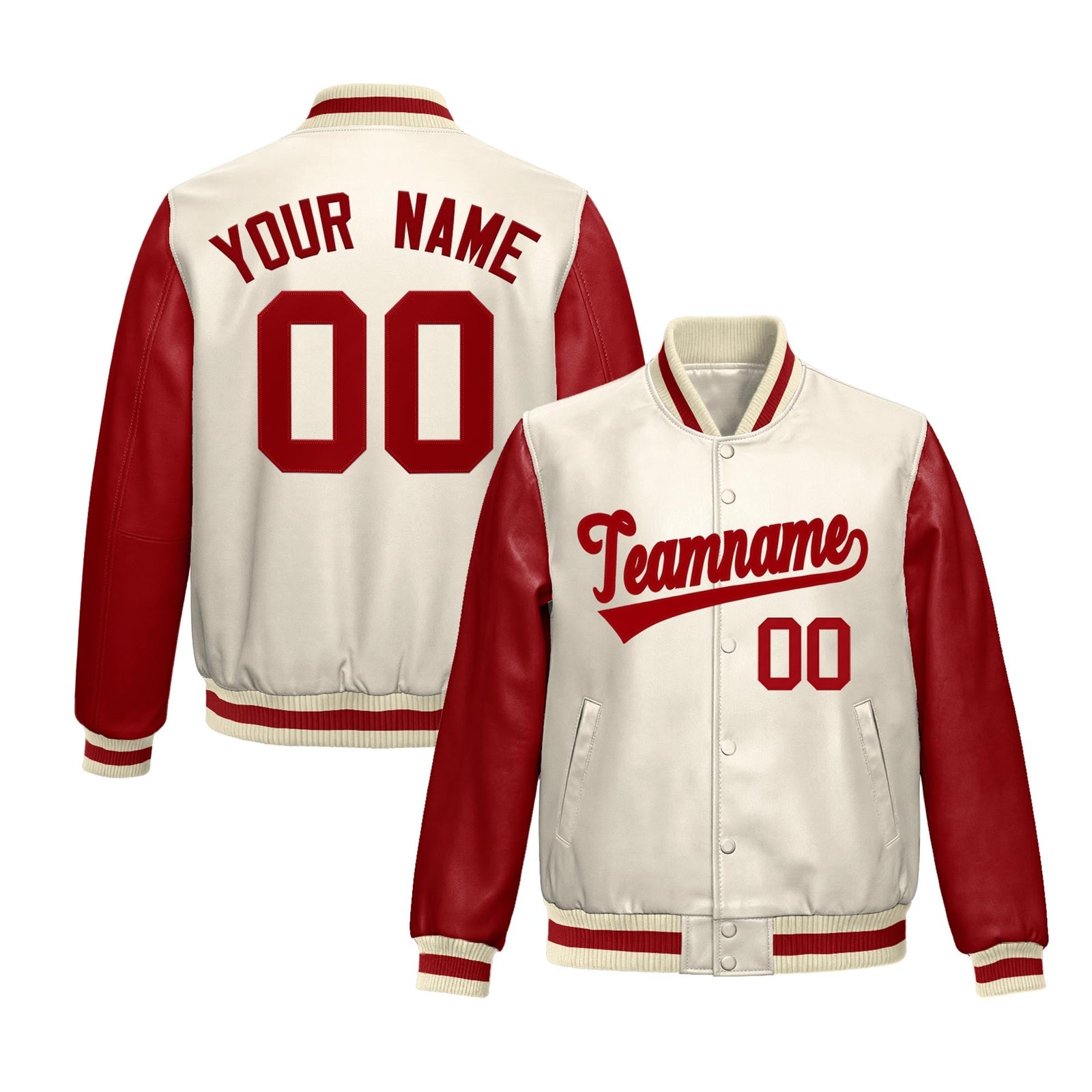 Custom Cream Red Raglan Sleeves Full-Snap Varsity Faux Leather Letterman Jacket| KXKSHOP