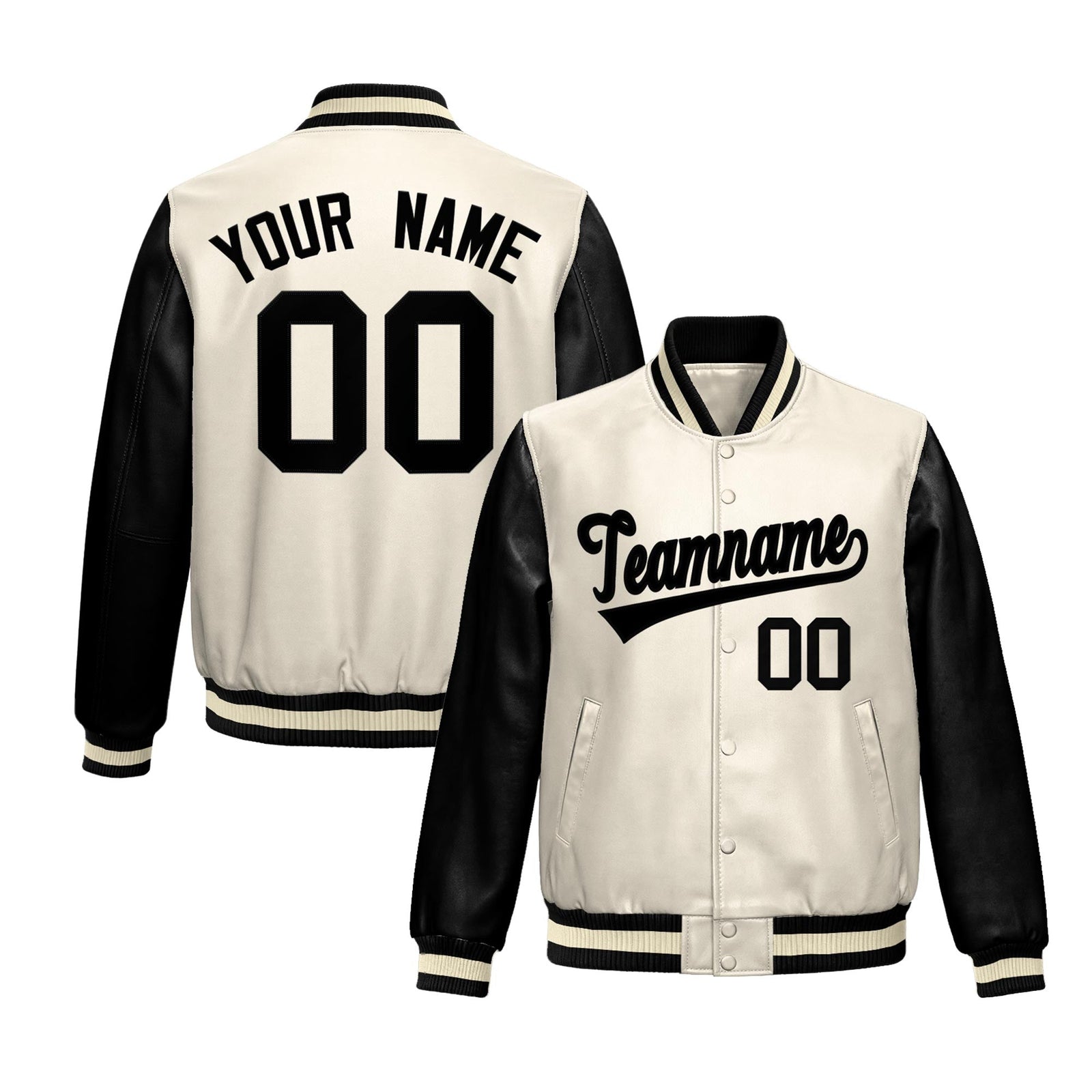 Custom Cream Black Raglan Sleeves Full-Snap Varsity Faux Leather Letterman Jacket| KXKSHOP