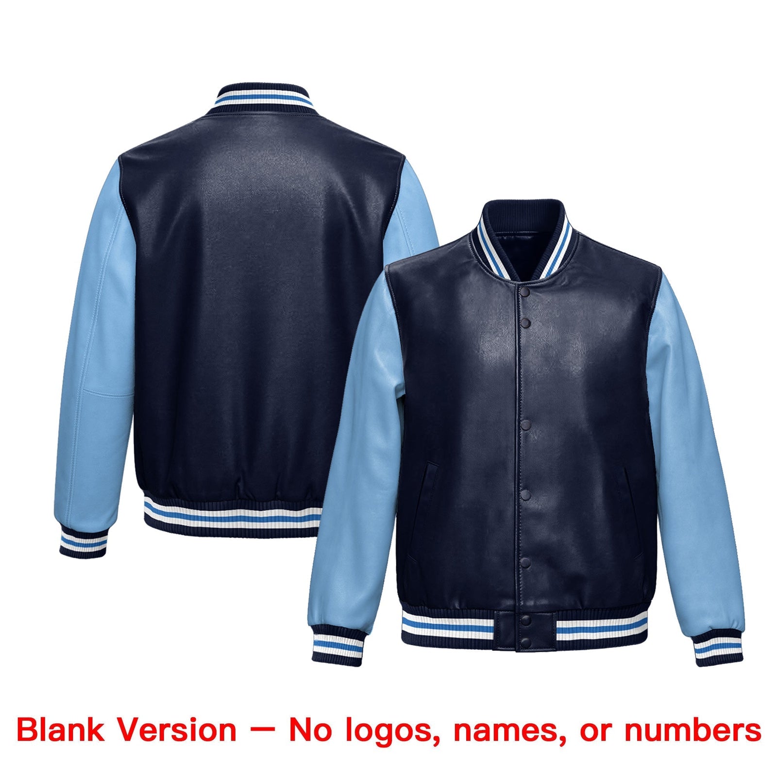 Custom Navy Powder Blue Raglan Sleeves Full-Snap Varsity Faux Leather Letterman Jacket| KXKSHOP