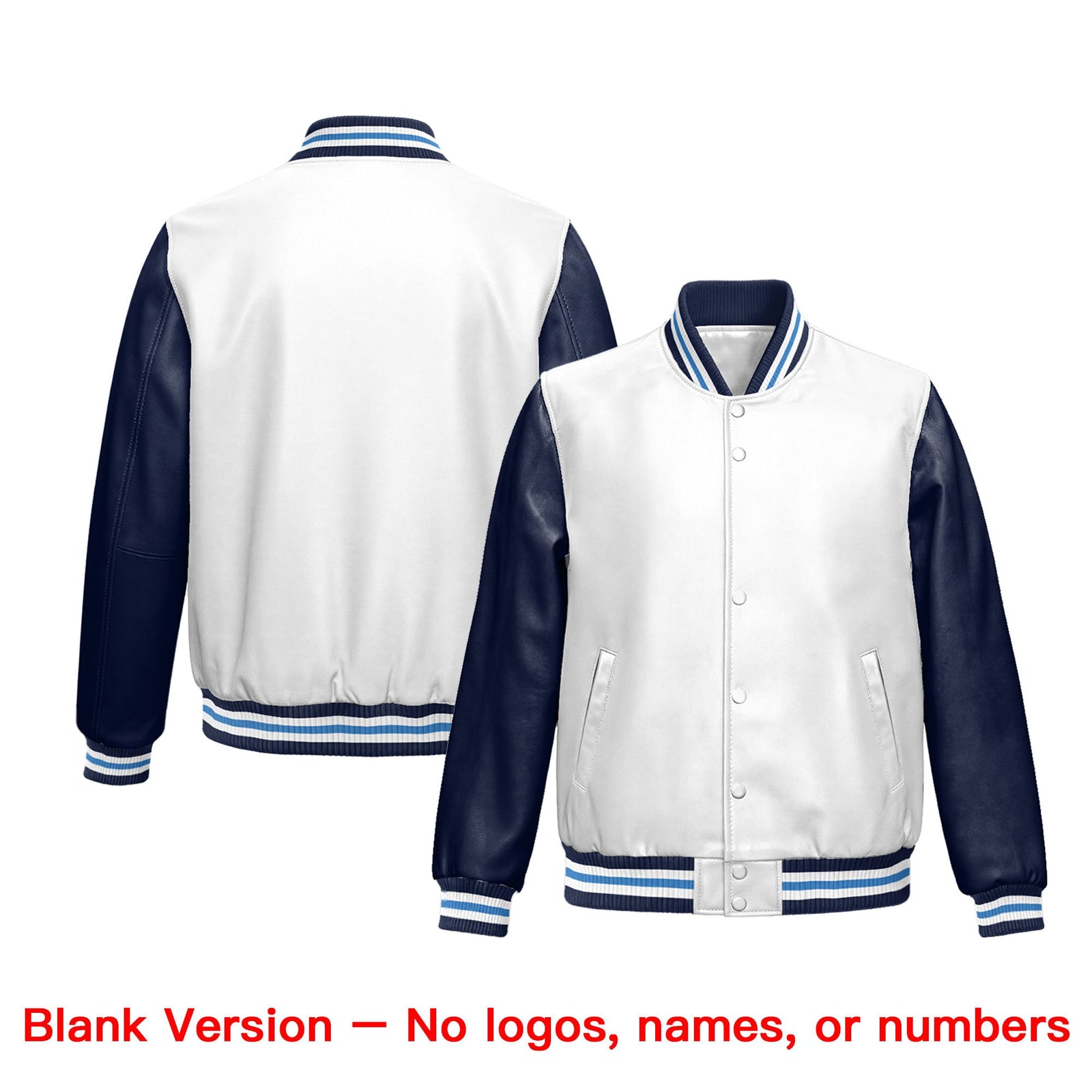 Custom White Navy Light Blue Raglan Sleeves Full-Snap Varsity Faux Leather Letterman Jacket| KXKSHOP