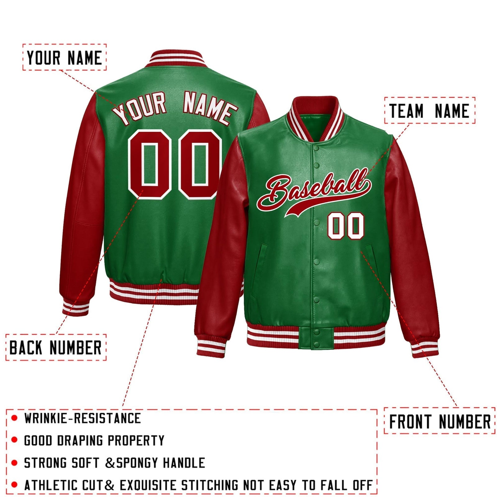 Custom Kelly Green Red Raglan Sleeves Full-Snap Varsity Faux Leather Letterman Jacket| KXKSHOP