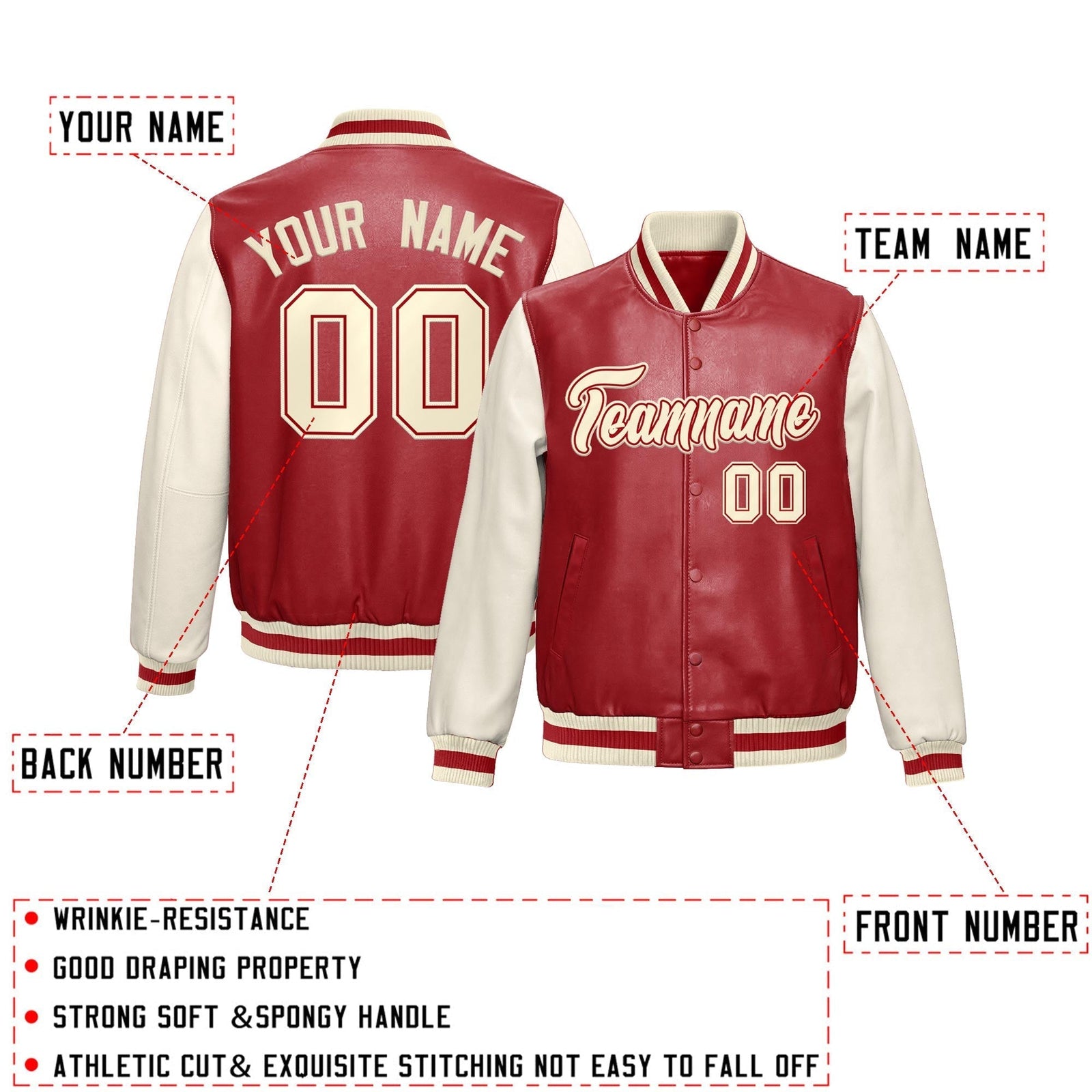 Custom Red Cream Raglan Sleeves Full-Snap Varsity Faux Leather Letterman Jacket| KXKSHOP
