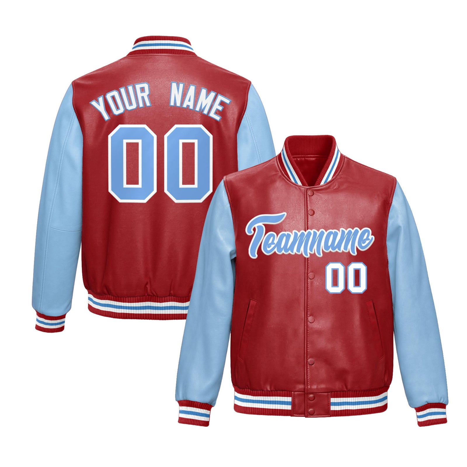 Custom Red Powder Blue Raglan Sleeves Full-Snap Varsity Faux Leather Letterman Jacket| KXKSHOP