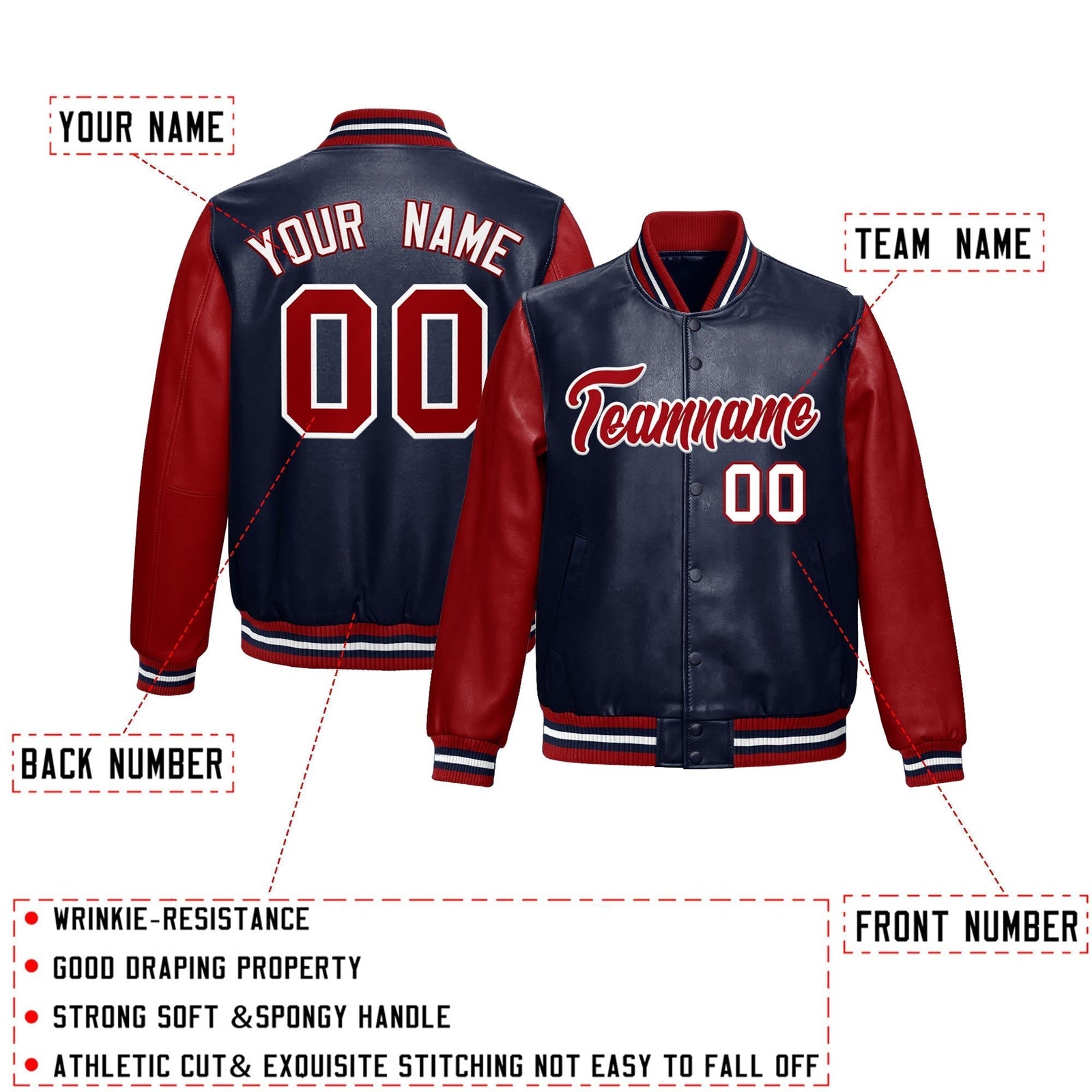 Custom Navy Red Raglan Sleeves Full-Snap Varsity Faux Leather Letterman Jacket| KXKSHOP