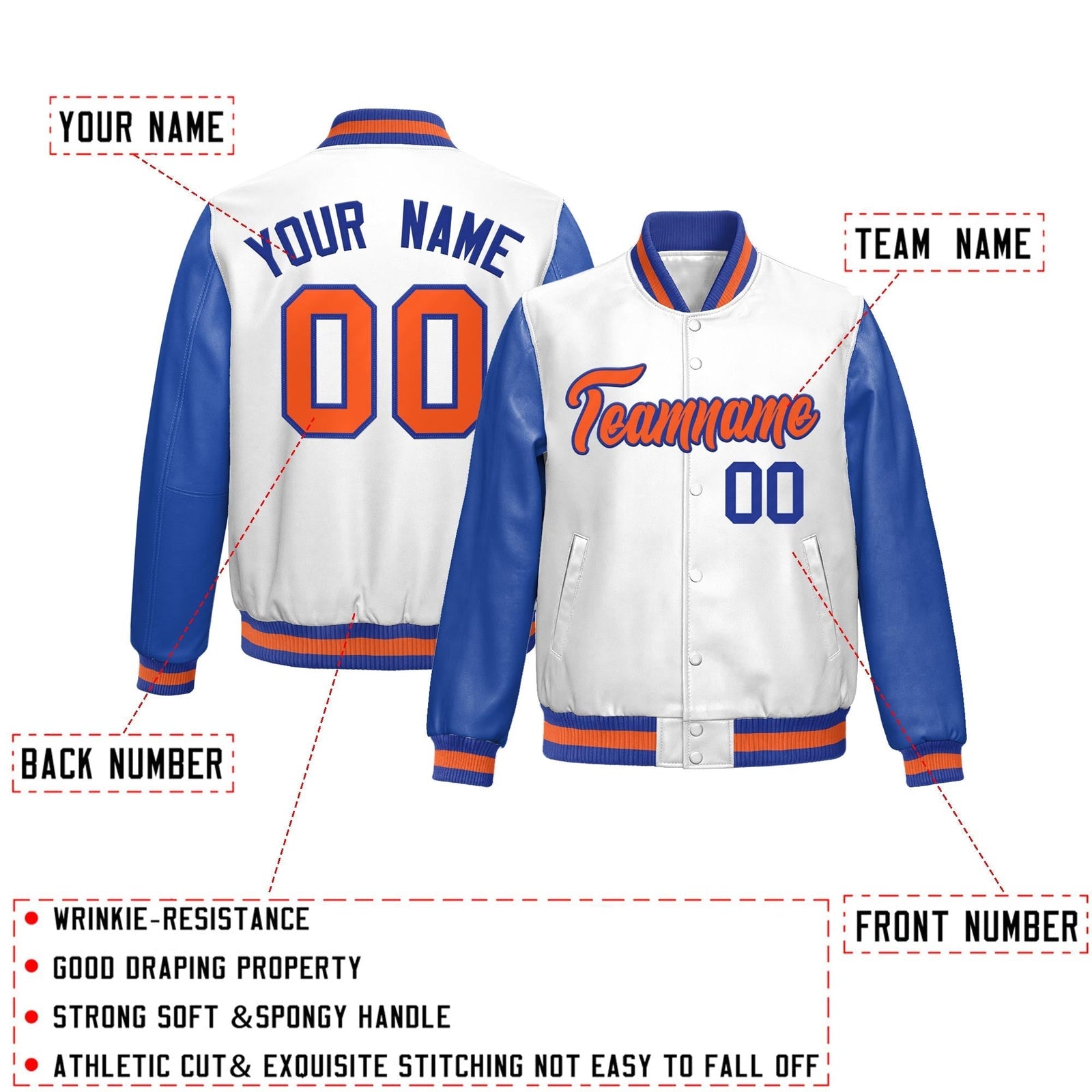 Custom White Royal Blue Raglan Sleeves Full-Snap Varsity Faux Leather Letterman Jacket| KXKSHOP