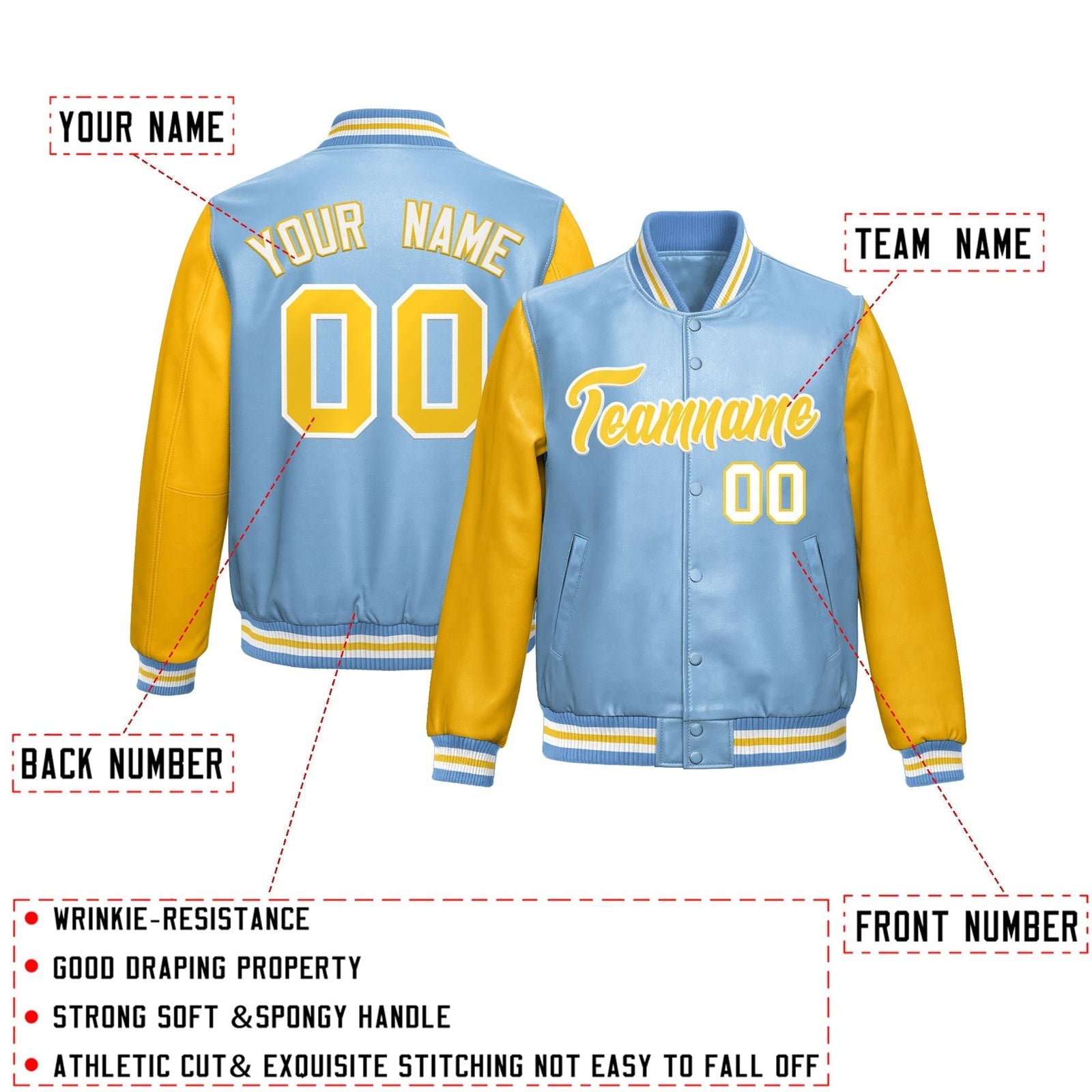 Custom Powder Blue Yellow Raglan Sleeves Full-Snap Varsity Faux Leather Letterman Jacket| KXKSHOP